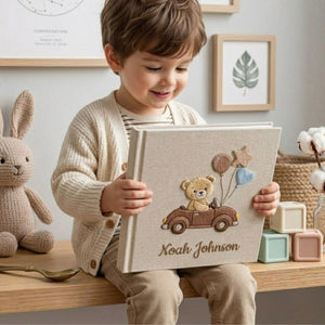 Personalized Baby Photo Album, Hand Embroidered Dinosaur Memory Book, Custom Name Keepsake, Woodland Nursery Gift, Newborn, Baby Shower Gift
