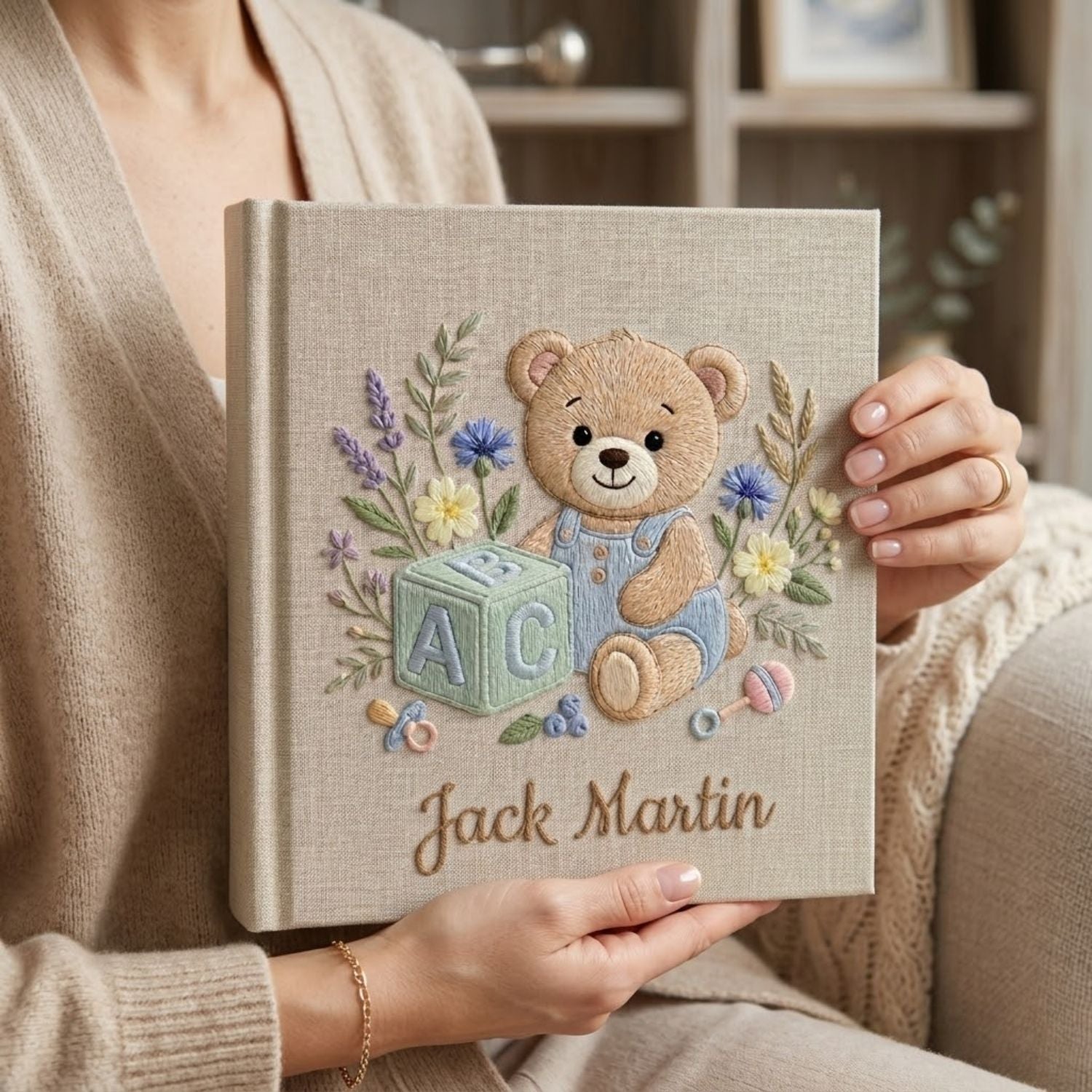 Personalized Baby Photo Album, Hand Embroidered Dinosaur Memory Book, Custom Name Keepsake, Woodland Nursery Gift, Newborn, Baby Shower Gift