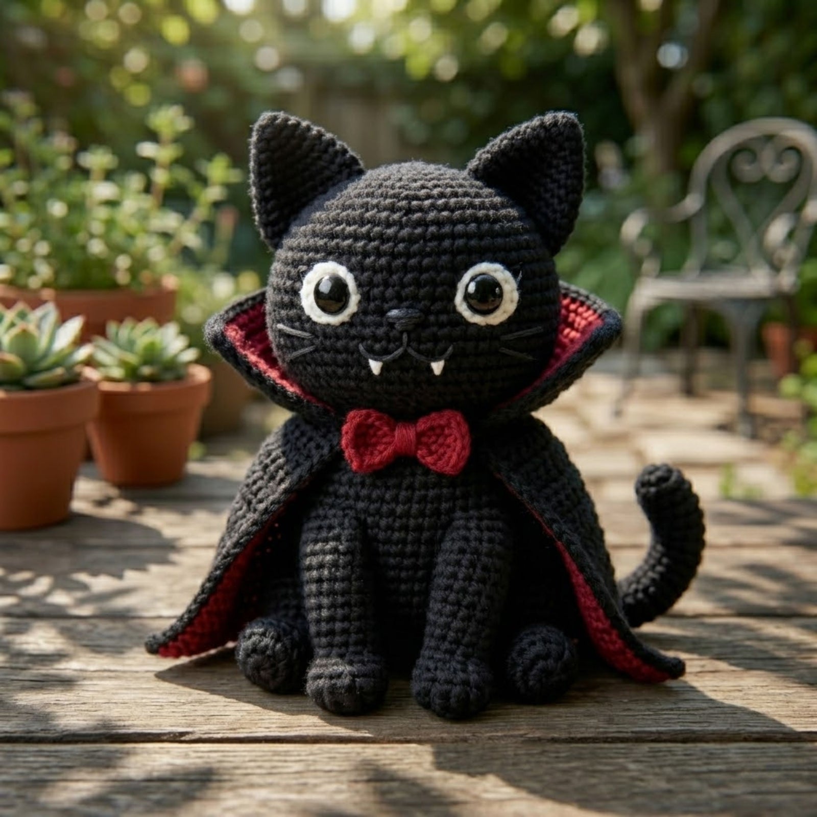 Cute Crochet Vampire Black Cat Plush, Kawaii Amigurumi Halloween Cat Doll, Handmade Spooky Nursery Decor Gift, Dracula Shelf Toy Doll 4-12in