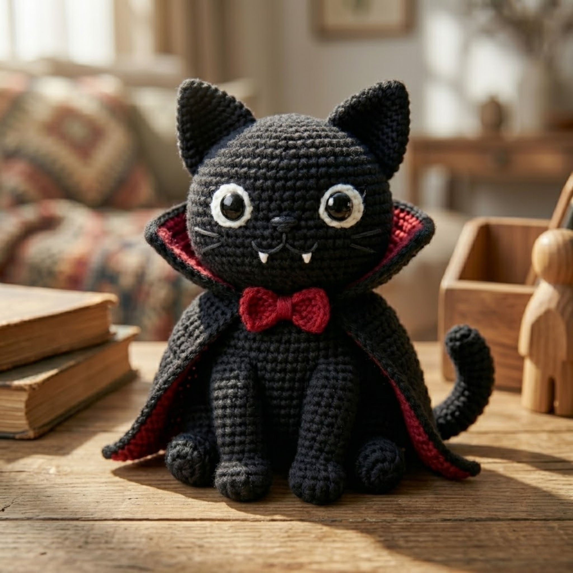 Cute Crochet Vampire Black Cat Plush, Kawaii Amigurumi Halloween Cat Doll, Handmade Spooky Nursery Decor Gift, Dracula Shelf Toy Doll 4-12in