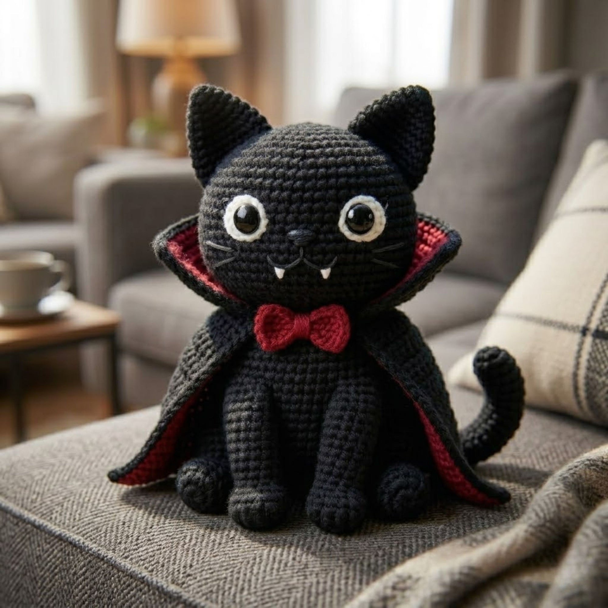 Cute Crochet Vampire Black Cat Plush, Kawaii Amigurumi Halloween Cat Doll, Handmade Spooky Nursery Decor Gift, Dracula Shelf Toy Doll 4-12in