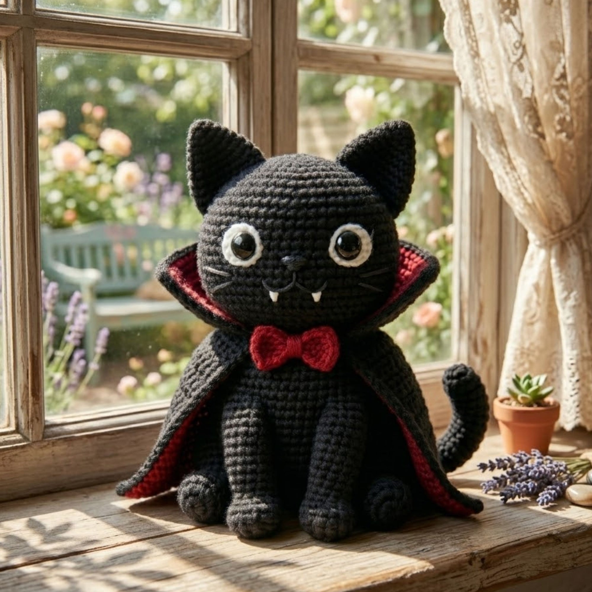 Cute Crochet Vampire Black Cat Plush, Kawaii Amigurumi Halloween Cat Doll, Handmade Spooky Nursery Decor Gift, Dracula Shelf Toy Doll 4-12in