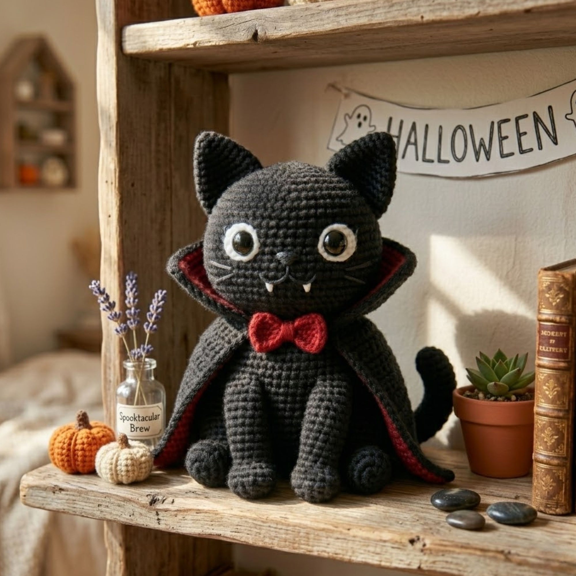 Cute Crochet Vampire Black Cat Plush, Kawaii Amigurumi Halloween Cat Doll, Handmade Spooky Nursery Decor Gift, Dracula Shelf Toy Doll 4-12in
