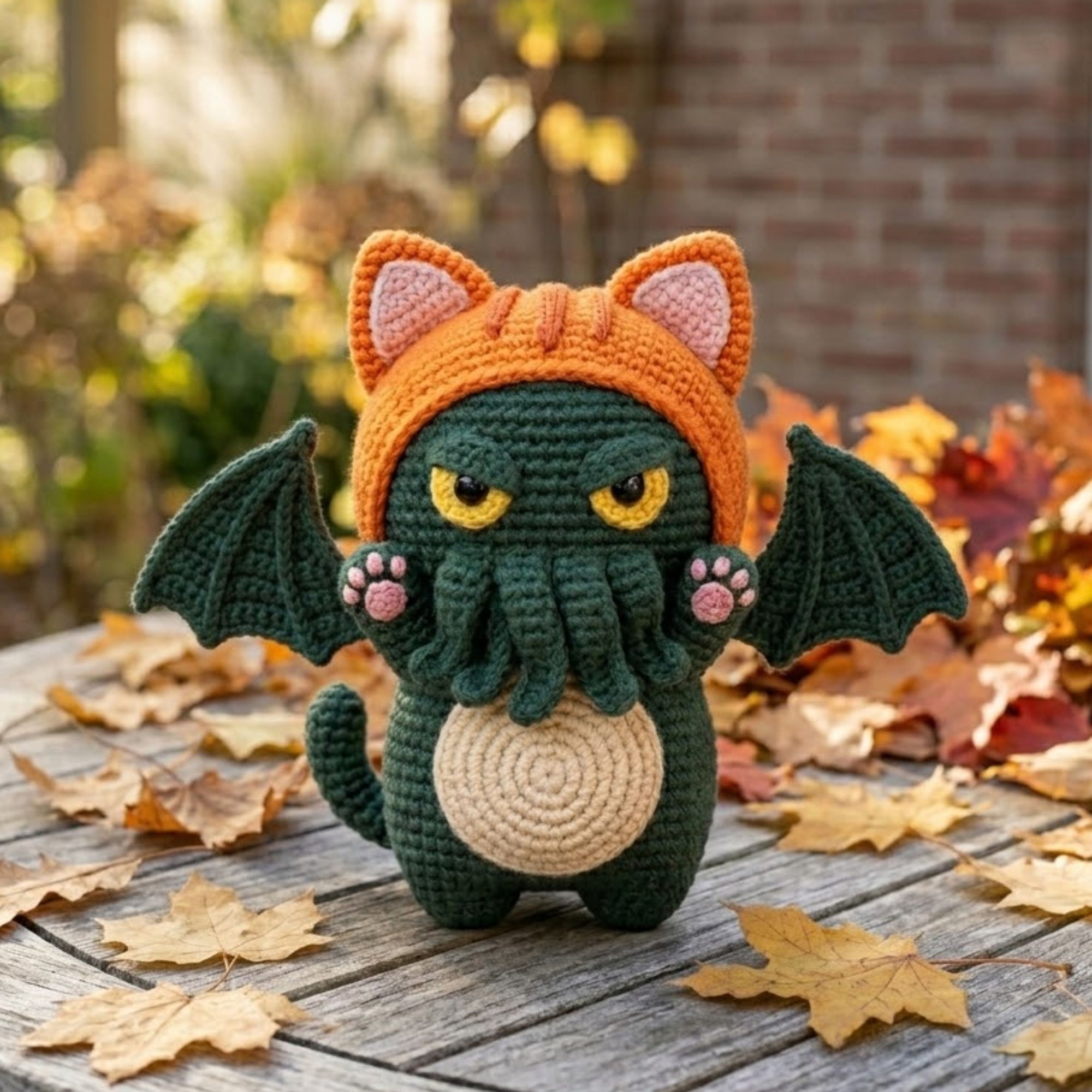 Cute Crochet Cthulhu Cat Plush, Kawaii Amigurumi Monster Doll, Handmade Halloween Nursery Decor Gift, Spooky Dragon Soft Plush Sizes 4-12in