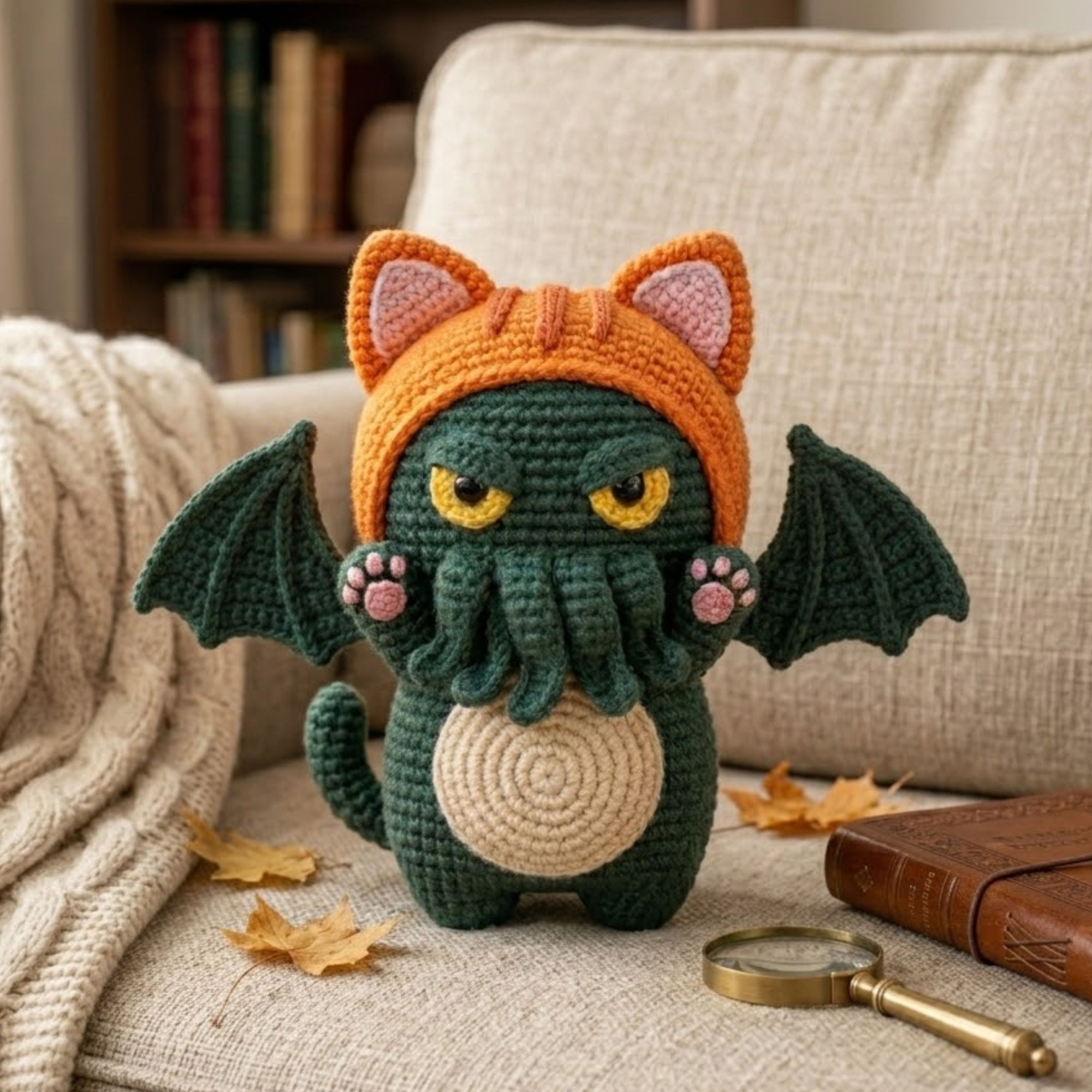 Cute Crochet Cthulhu Cat Plush, Kawaii Amigurumi Monster Doll, Handmade Halloween Nursery Decor Gift, Spooky Dragon Soft Plush Sizes 4-12in