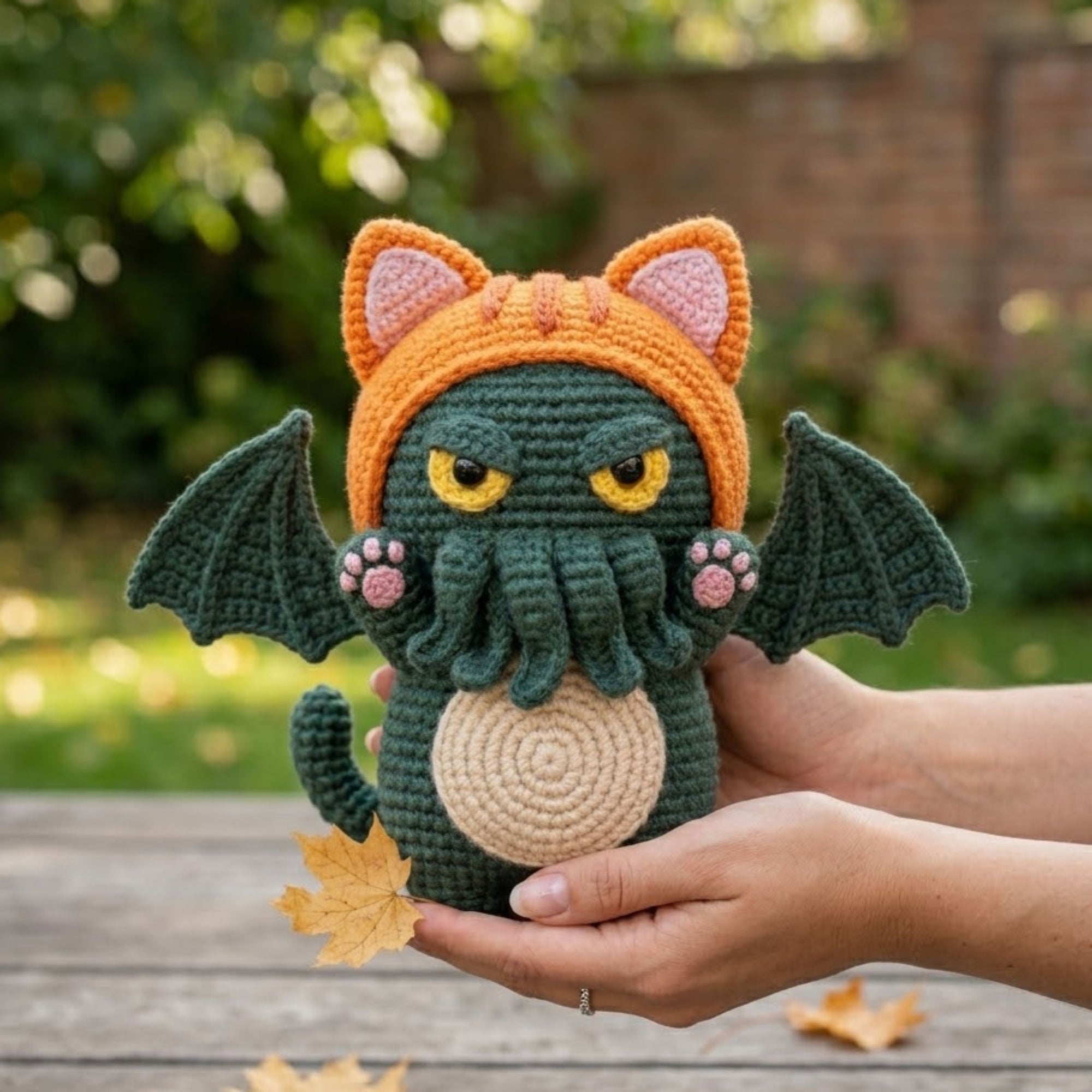 Cute Crochet Cthulhu Cat Plush, Kawaii Amigurumi Monster Doll, Handmade Halloween Nursery Decor Gift, Spooky Dragon Soft Plush Sizes 4-12in