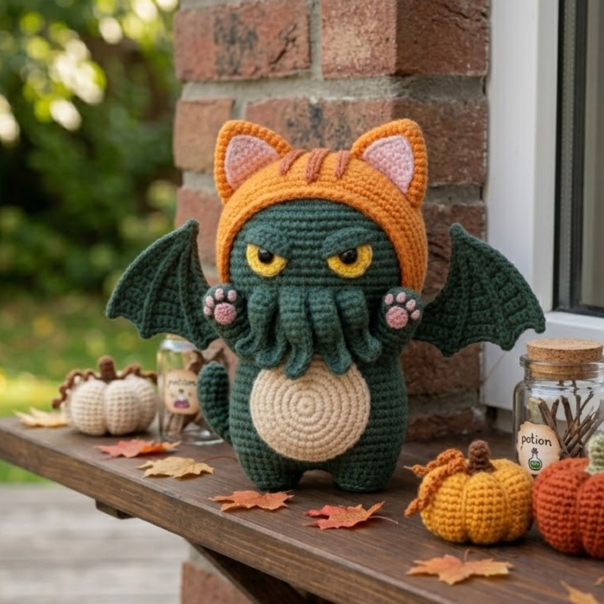 Cute Crochet Cthulhu Cat Plush, Kawaii Amigurumi Monster Doll, Handmade Halloween Nursery Decor Gift, Spooky Dragon Soft Plush Sizes 4-12in