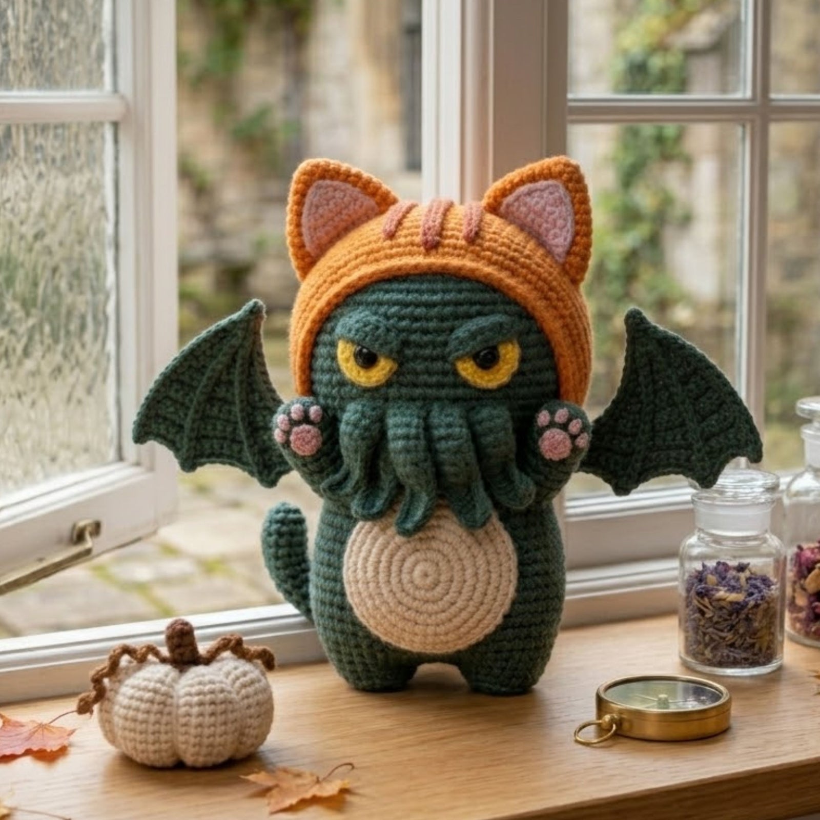 Cute Crochet Cthulhu Cat Plush, Kawaii Amigurumi Monster Doll, Handmade Halloween Nursery Decor Gift, Spooky Dragon Soft Plush Sizes 4-12in
