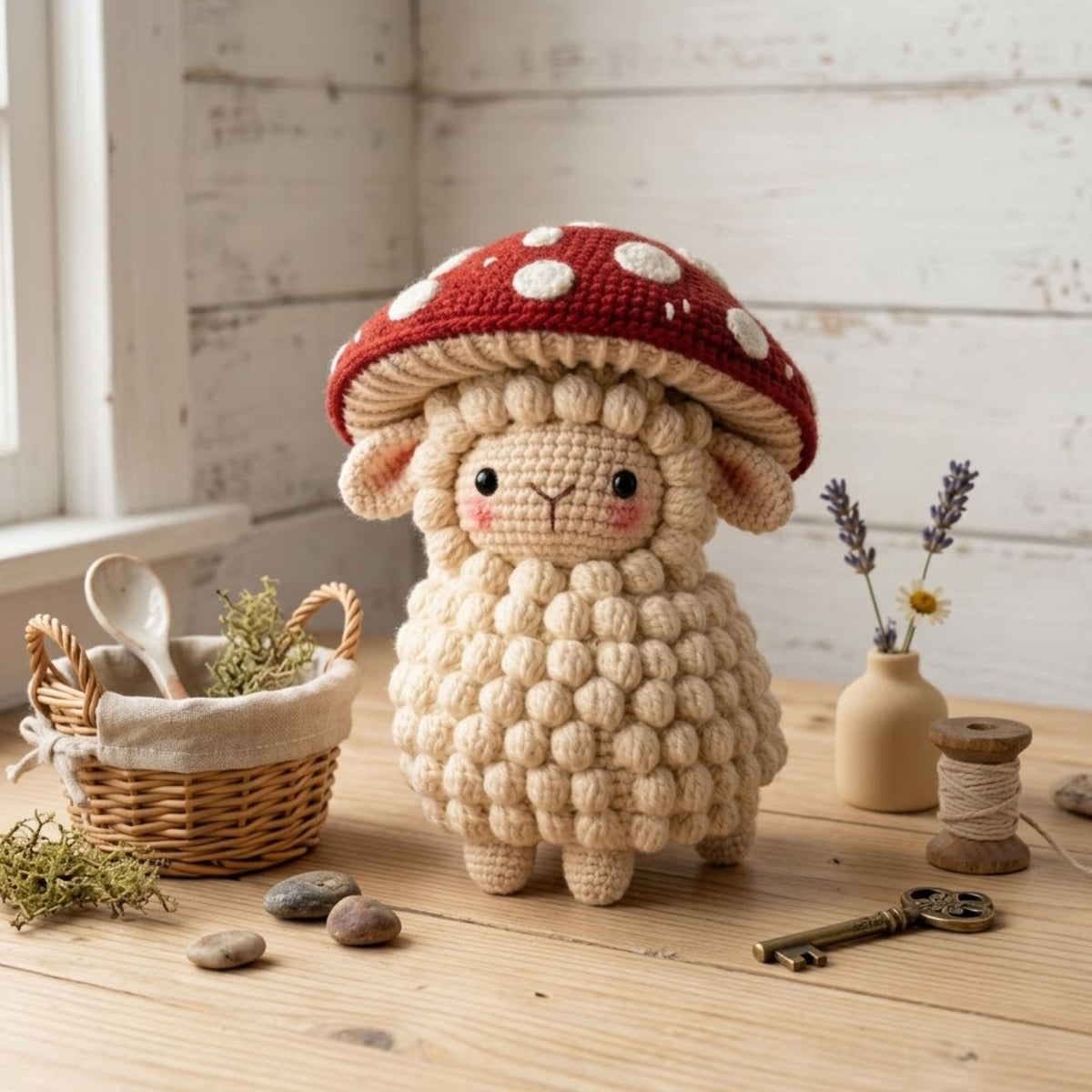 Cute Crochet Mushroom Sheep Plush, Kawaii Amigurumi Lamb Doll, Handmade Cottagecore Nursery Decor Gift, Soft Farm Animal Toy Sizes 4-12 inch