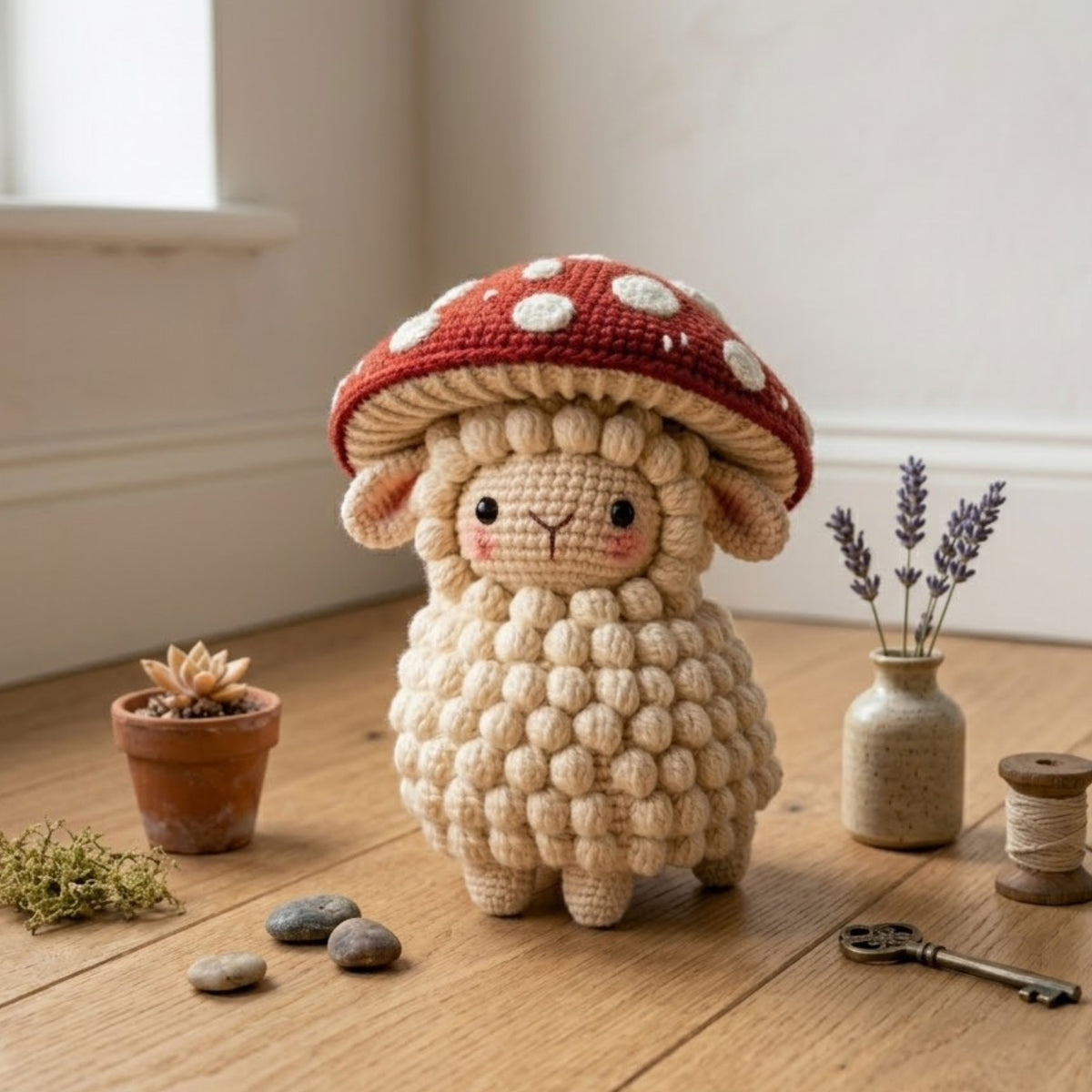 Cute Crochet Mushroom Sheep Plush, Kawaii Amigurumi Lamb Doll, Handmade Cottagecore Nursery Decor Gift, Soft Farm Animal Toy Sizes 4-12 inch