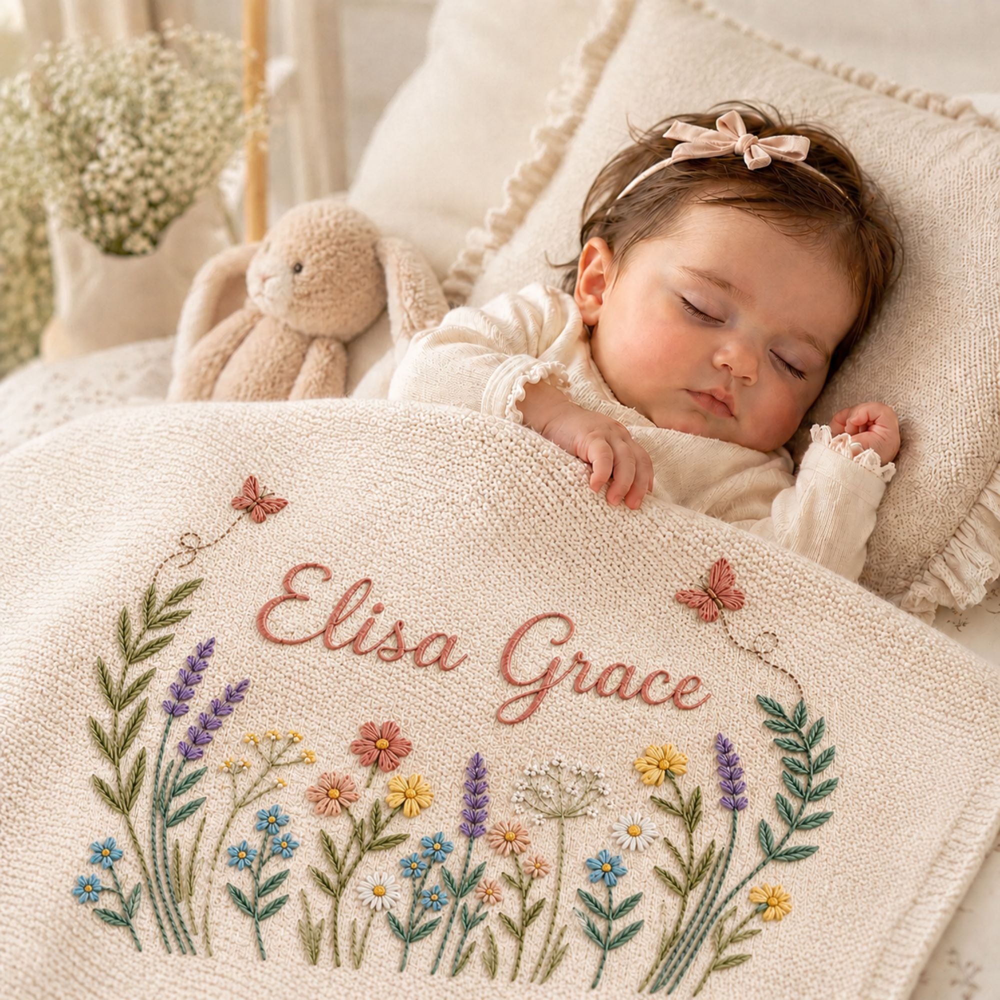 Personalized Wildflower Embroidered Baby Blanket, Embroidered Name Blanket with Butterflies and Wildflowers for Newborn