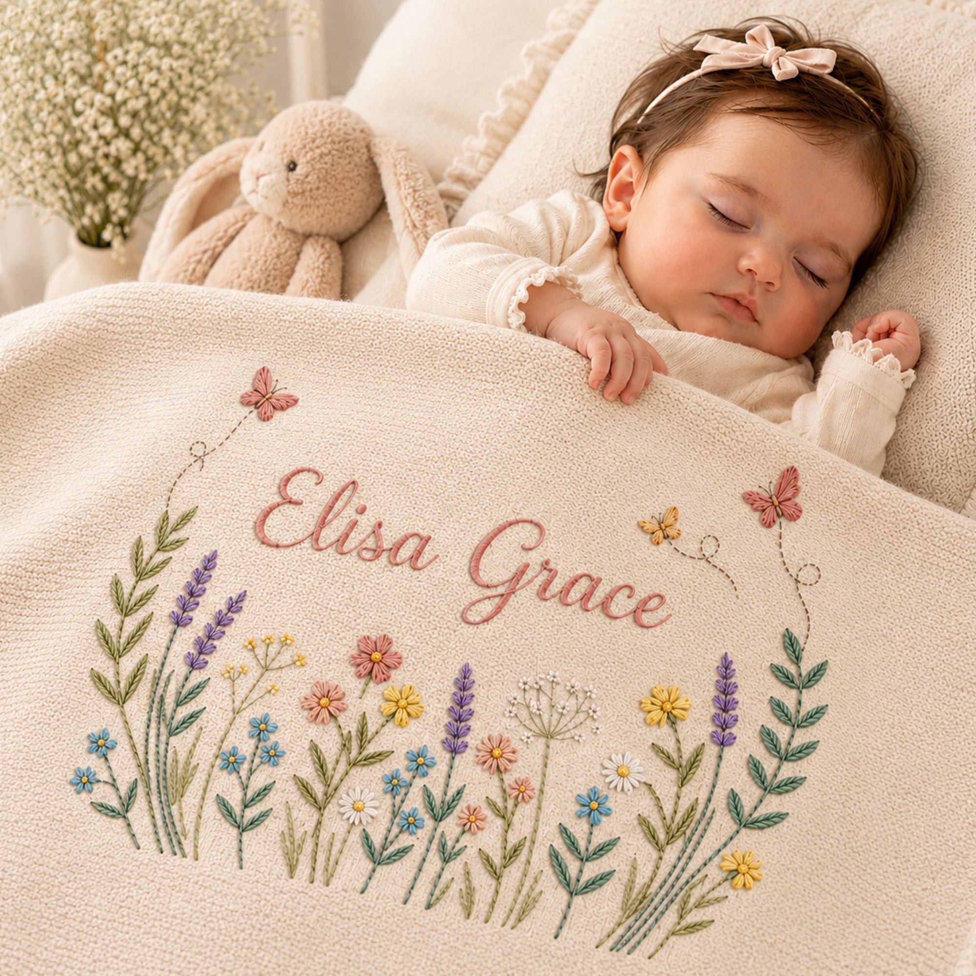 Personalized Wildflower Embroidered Baby Blanket, Embroidered Name Blanket with Butterflies and Wildflowers for Newborn