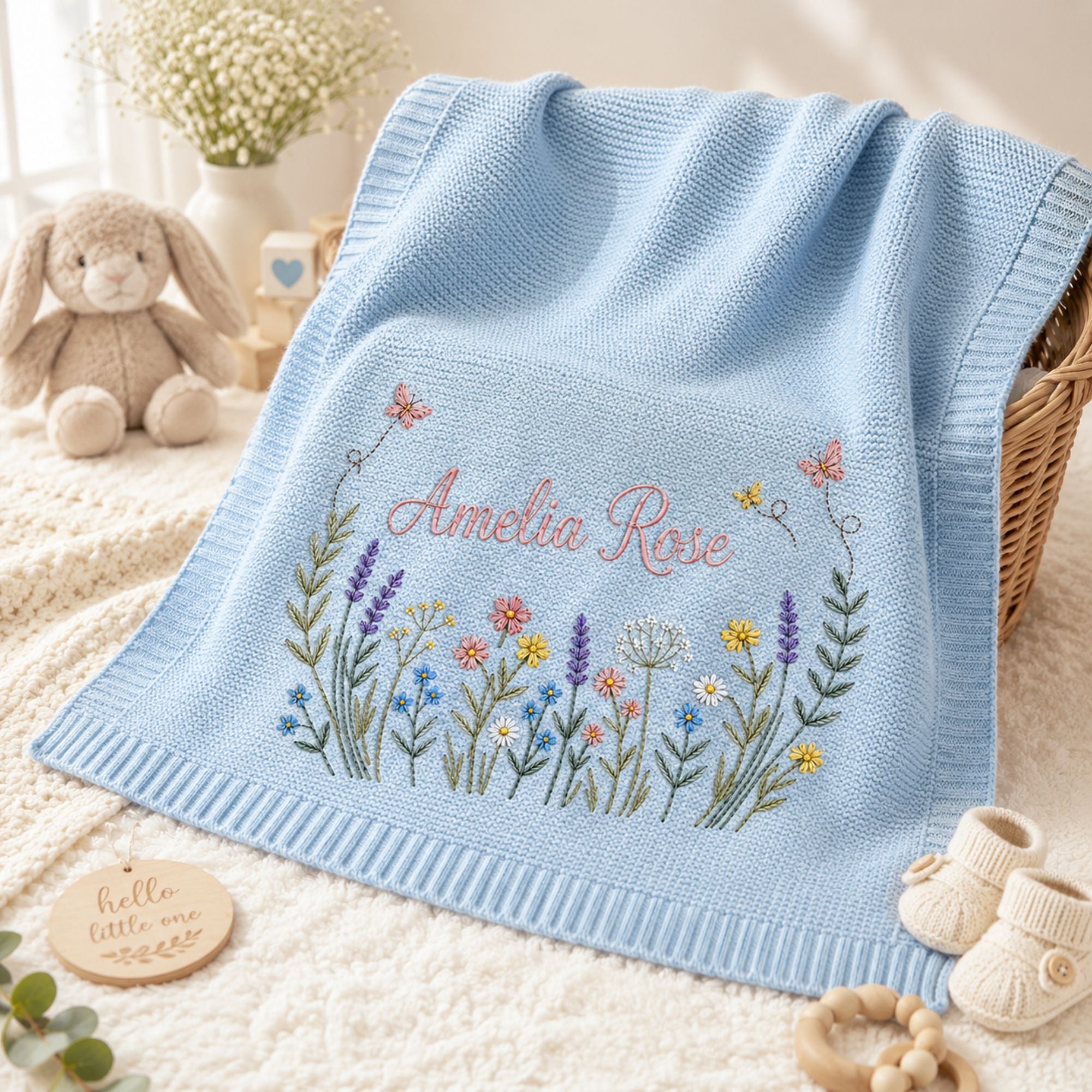 Personalized Wildflower Embroidered Baby Blanket, Embroidered Name Blanket with Butterflies and Wildflowers for Newborn