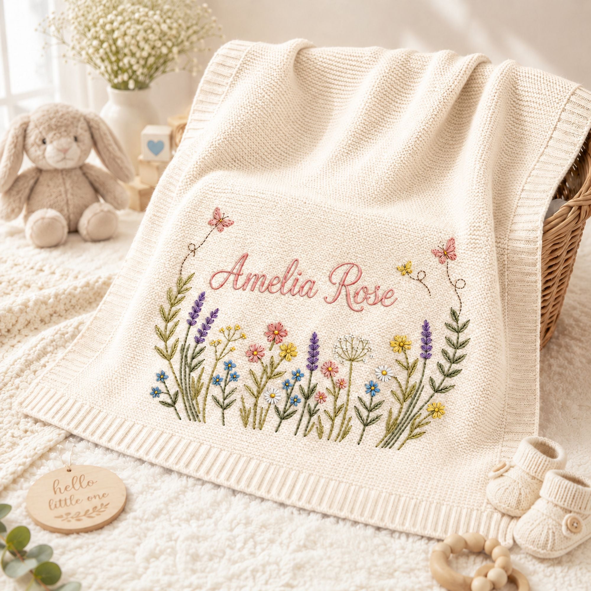 Personalized Wildflower Embroidered Baby Blanket, Embroidered Name Blanket with Butterflies and Wildflowers for Newborn