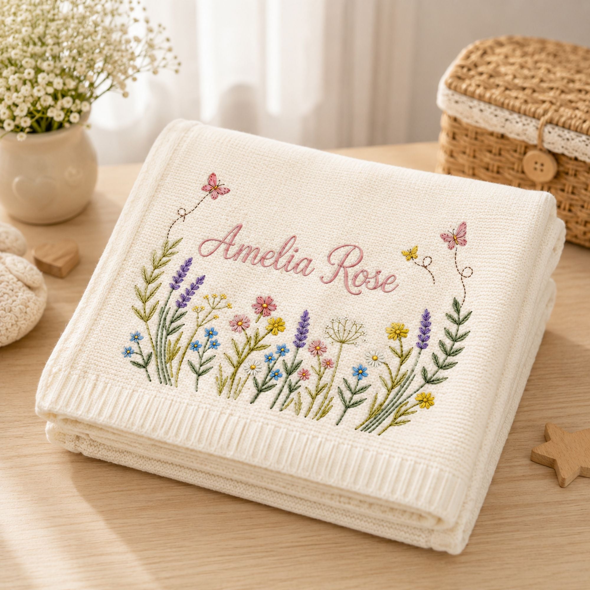Personalized Wildflower Embroidered Baby Blanket, Embroidered Name Blanket with Butterflies and Wildflowers for Newborn