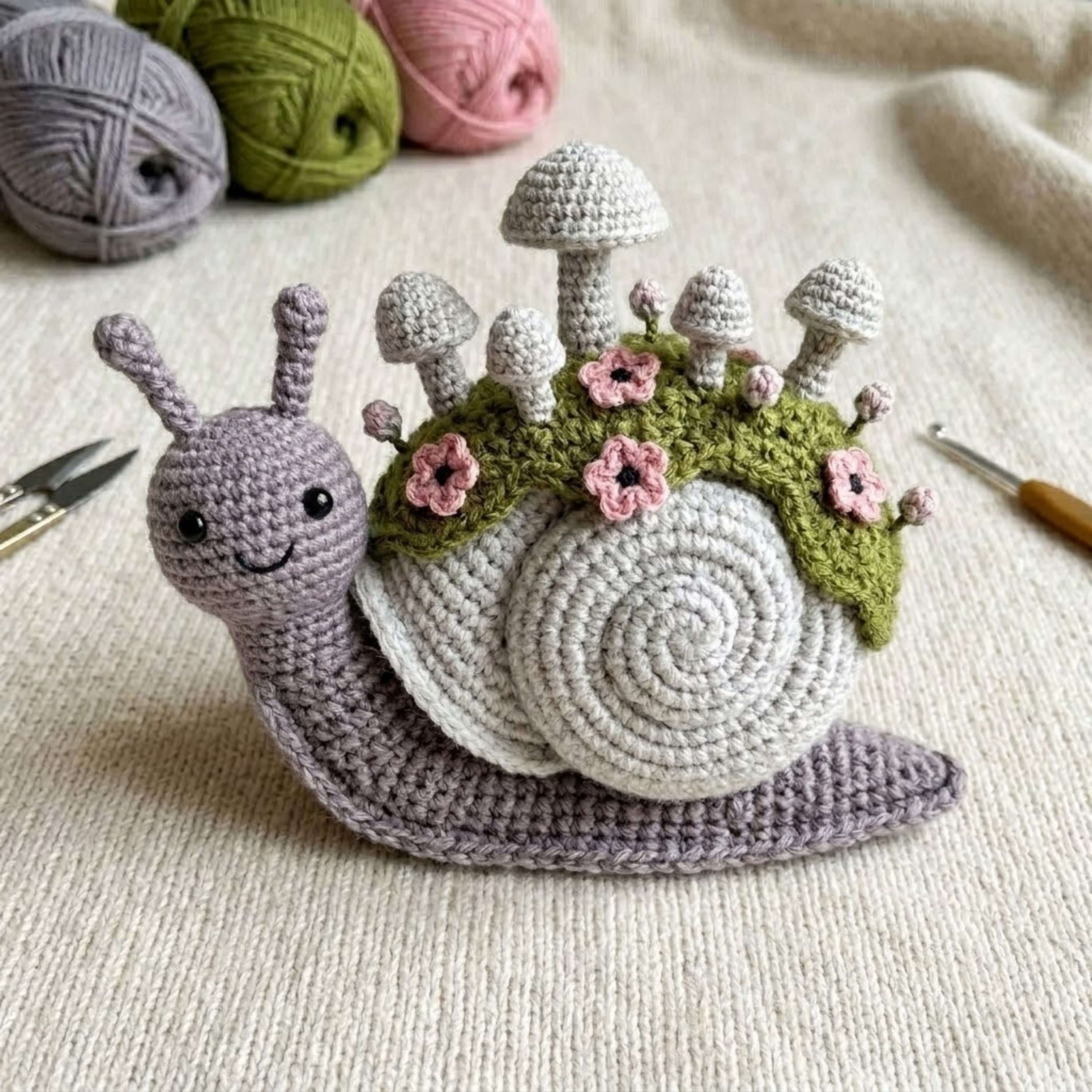 Cute Crochet Garden Snail Plush with Mushroom Shell, Kawaii Amigurumi Woodland Toy, Handmade Nursery Decor Gift, Cottagecore Soft Toy 4-12in