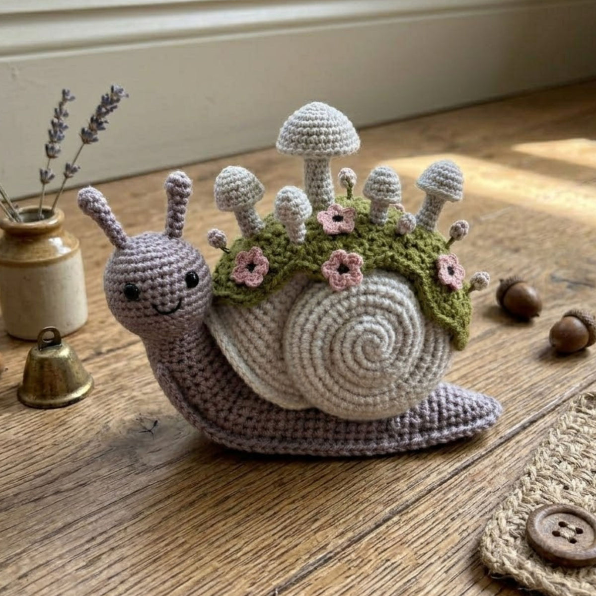 Cute Crochet Garden Snail Plush with Mushroom Shell, Kawaii Amigurumi Woodland Toy, Handmade Nursery Decor Gift, Cottagecore Soft Toy 4-12in