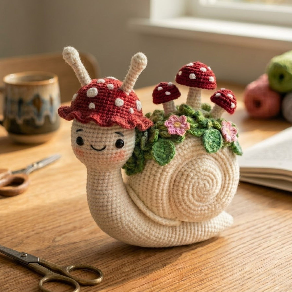 Crochet Mushroom Snail Plush, Kawaii Amigurumi Garden Snail Doll, Handmade Cottagecore Nursery Decor Gift, Woodland Soft Toy Sizes 4-12inch