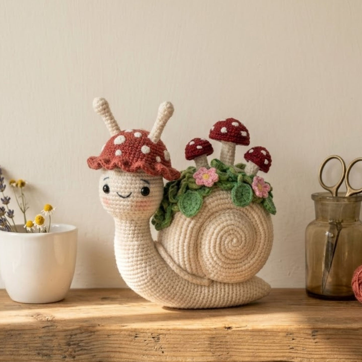 Crochet Mushroom Snail Plush, Kawaii Amigurumi Garden Snail Doll, Handmade Cottagecore Nursery Decor Gift, Woodland Soft Toy Sizes 4-12inch