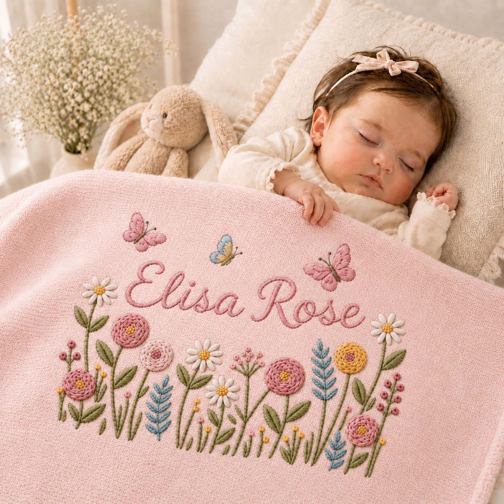 Personalized Wildflower Butterfly Embroidered Baby Blanket, Embroidered Welcome Baby Blanket, Nursery Keepsake, Newborn Gift For Baby
