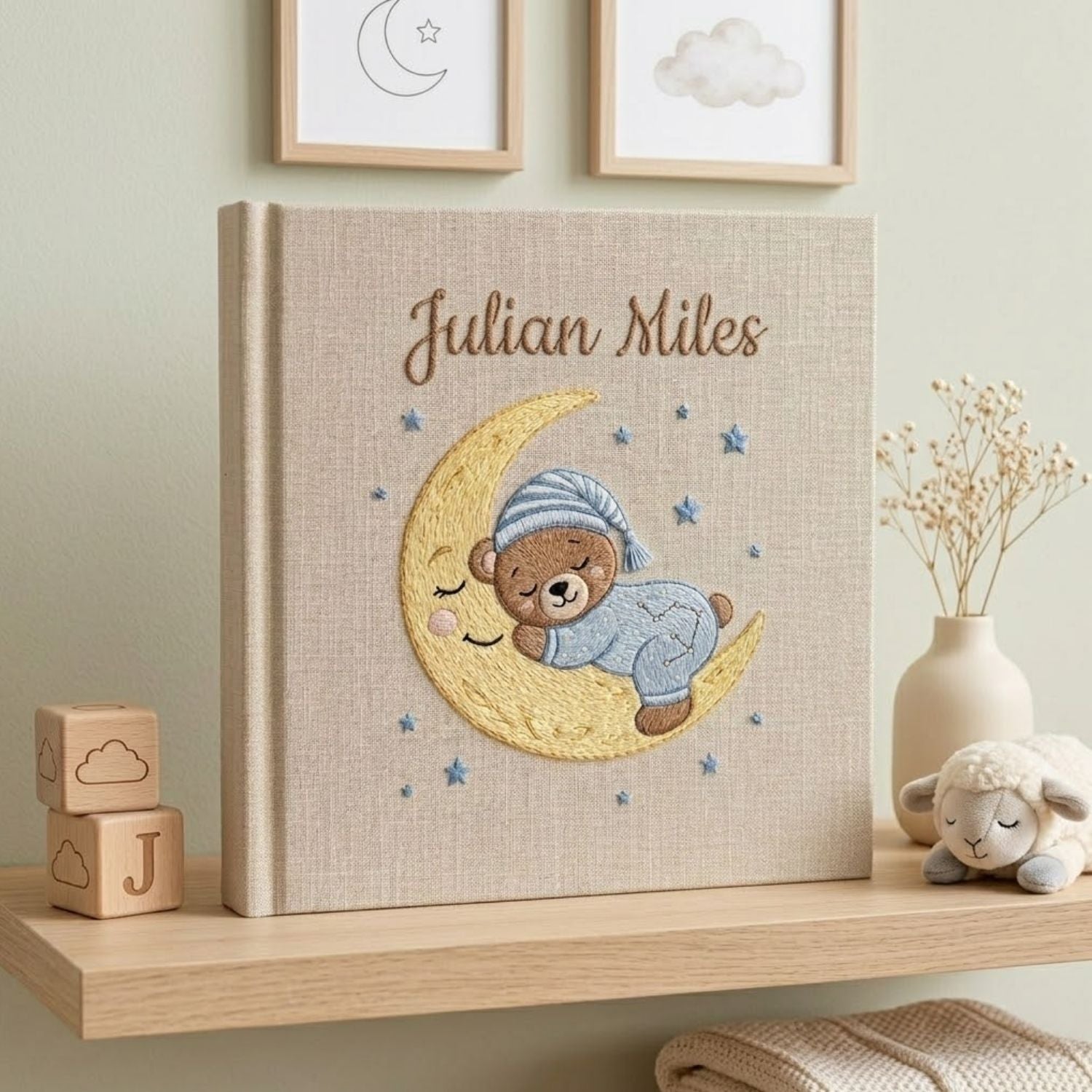 Personalized Baby Photo Album, Hand Embroidered Dinosaur Memory Book, Custom Name Keepsake, Woodland Nursery Gift, Newborn, Baby Shower Gift