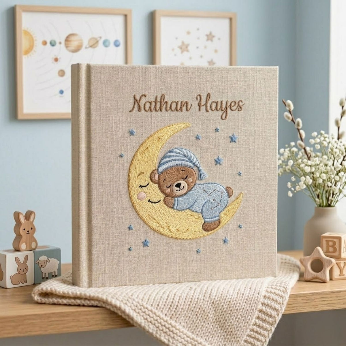 Personalized Baby Photo Album, Hand Embroidered Dinosaur Memory Book, Custom Name Keepsake, Woodland Nursery Gift, Newborn, Baby Shower Gift