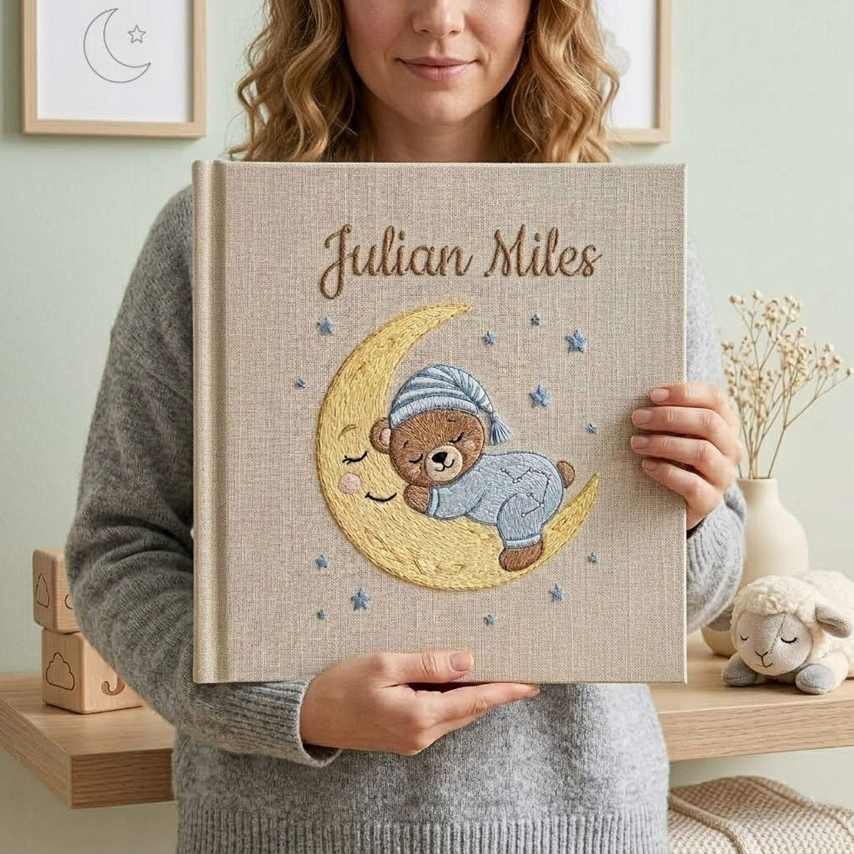 Personalized Baby Photo Album, Hand Embroidered Dinosaur Memory Book, Custom Name Keepsake, Woodland Nursery Gift, Newborn, Baby Shower Gift