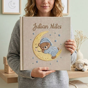 Personalized Baby Photo Album, Hand Embroidered Dinosaur Memory Book, Custom Name Keepsake, Woodland Nursery Gift, Newborn, Baby Shower Gift