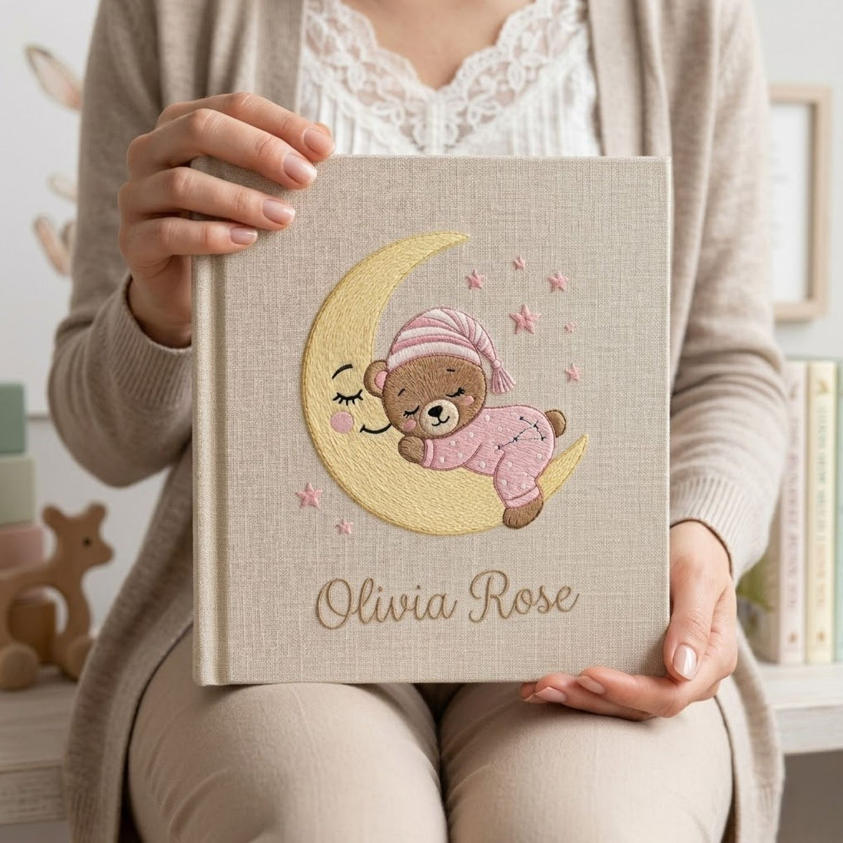 Personalized Baby Photo Album, Hand Embroidered Dinosaur Memory Book, Custom Name Keepsake, Woodland Nursery Gift, Newborn, Baby Shower Gift