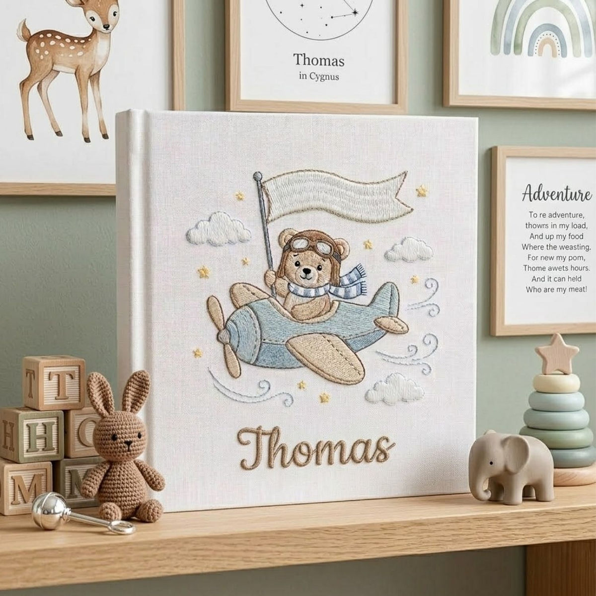 Personalized Baby Photo Album, Hand Embroidered Dinosaur Memory Book, Custom Name Keepsake, Woodland Nursery Gift, Newborn, Baby Shower Gift