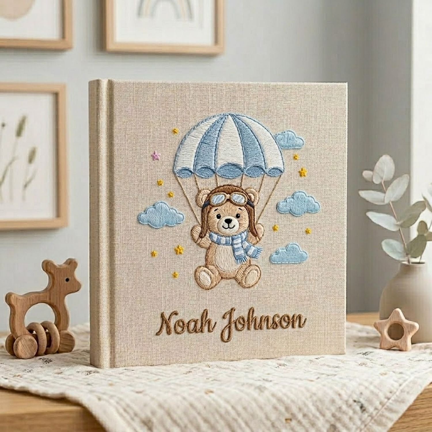 Personalized Baby Photo Album, Hand Embroidered Dinosaur Memory Book, Custom Name Keepsake, Woodland Nursery Gift, Newborn, Baby Shower Gift