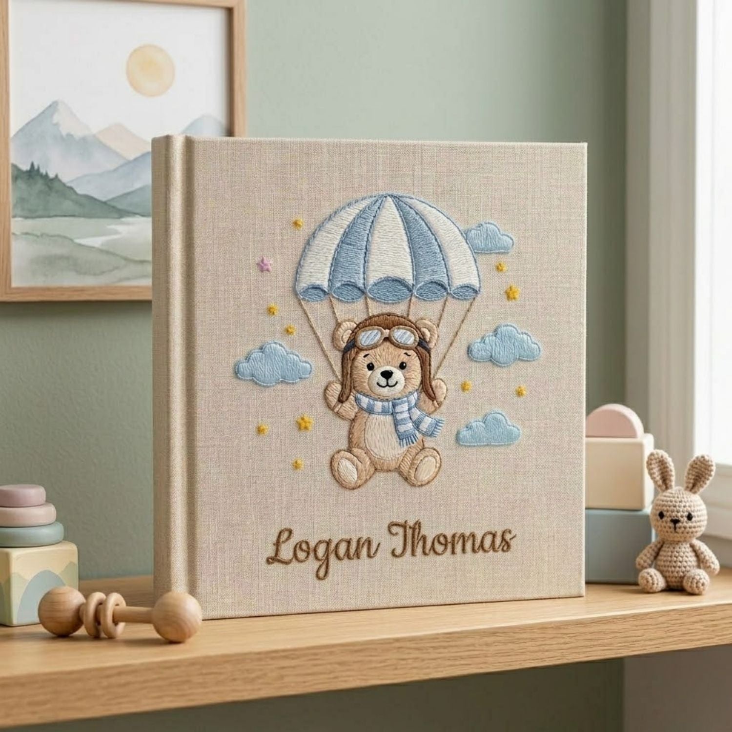Personalized Baby Photo Album, Hand Embroidered Dinosaur Memory Book, Custom Name Keepsake, Woodland Nursery Gift, Newborn, Baby Shower Gift