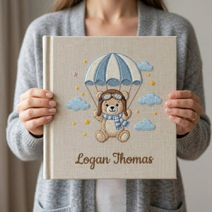 Personalized Baby Photo Album, Hand Embroidered Dinosaur Memory Book, Custom Name Keepsake, Woodland Nursery Gift, Newborn, Baby Shower Gift
