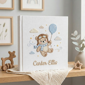 Personalized Baby Photo Album, Hand Embroidered Dinosaur Memory Book, Custom Name Keepsake, Woodland Nursery Gift, Newborn, Baby Shower Gift