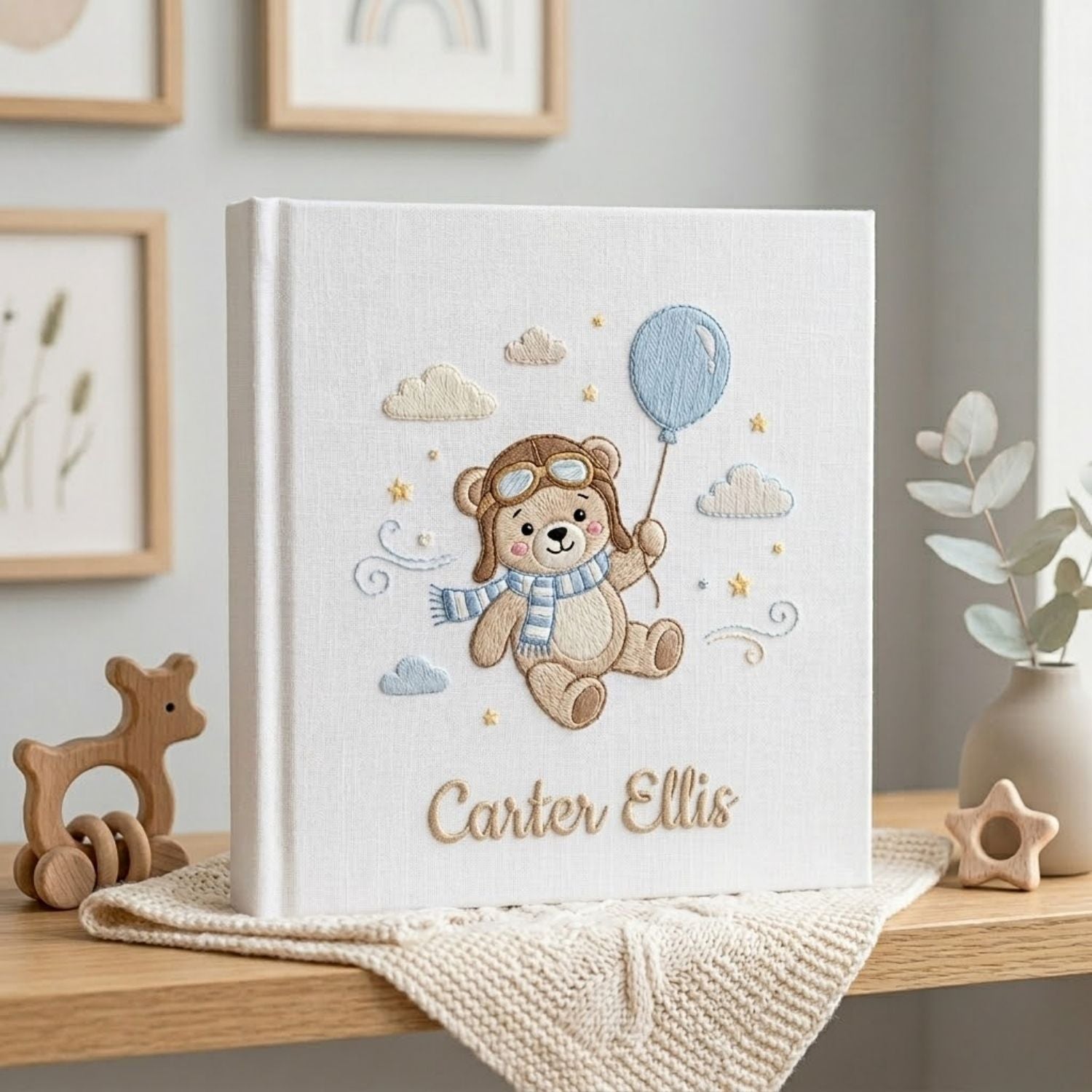 Personalized Baby Photo Album, Hand Embroidered Dinosaur Memory Book, Custom Name Keepsake, Woodland Nursery Gift, Newborn, Baby Shower Gift