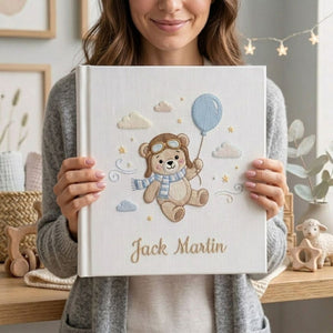 Personalized Baby Photo Album, Hand Embroidered Dinosaur Memory Book, Custom Name Keepsake, Woodland Nursery Gift, Newborn, Baby Shower Gift