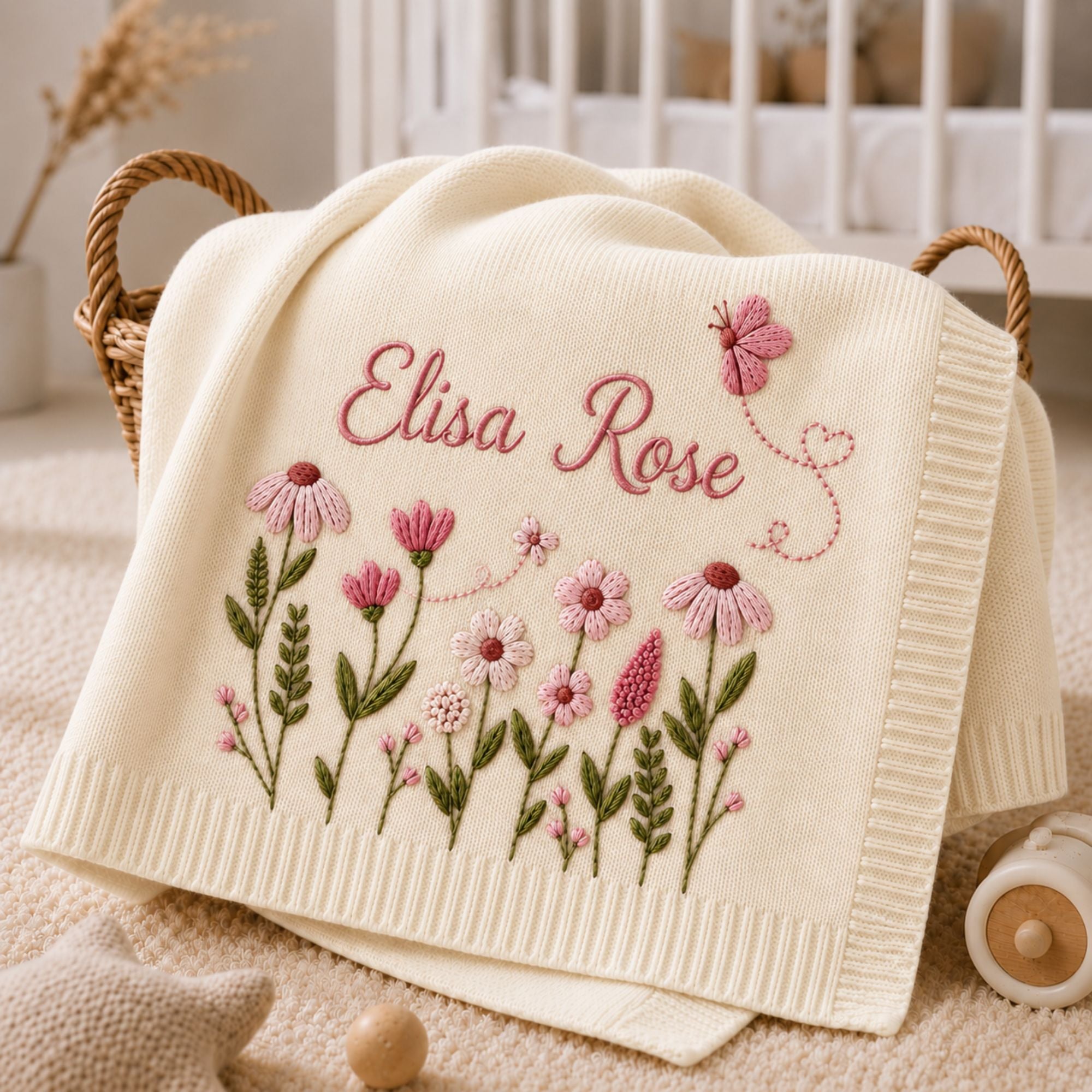Personalized Floral Butterfly Embroidered Baby Blanket, Custom Embroidered Knit Name Blanket, Nursery Keepsake, Newborn Gift