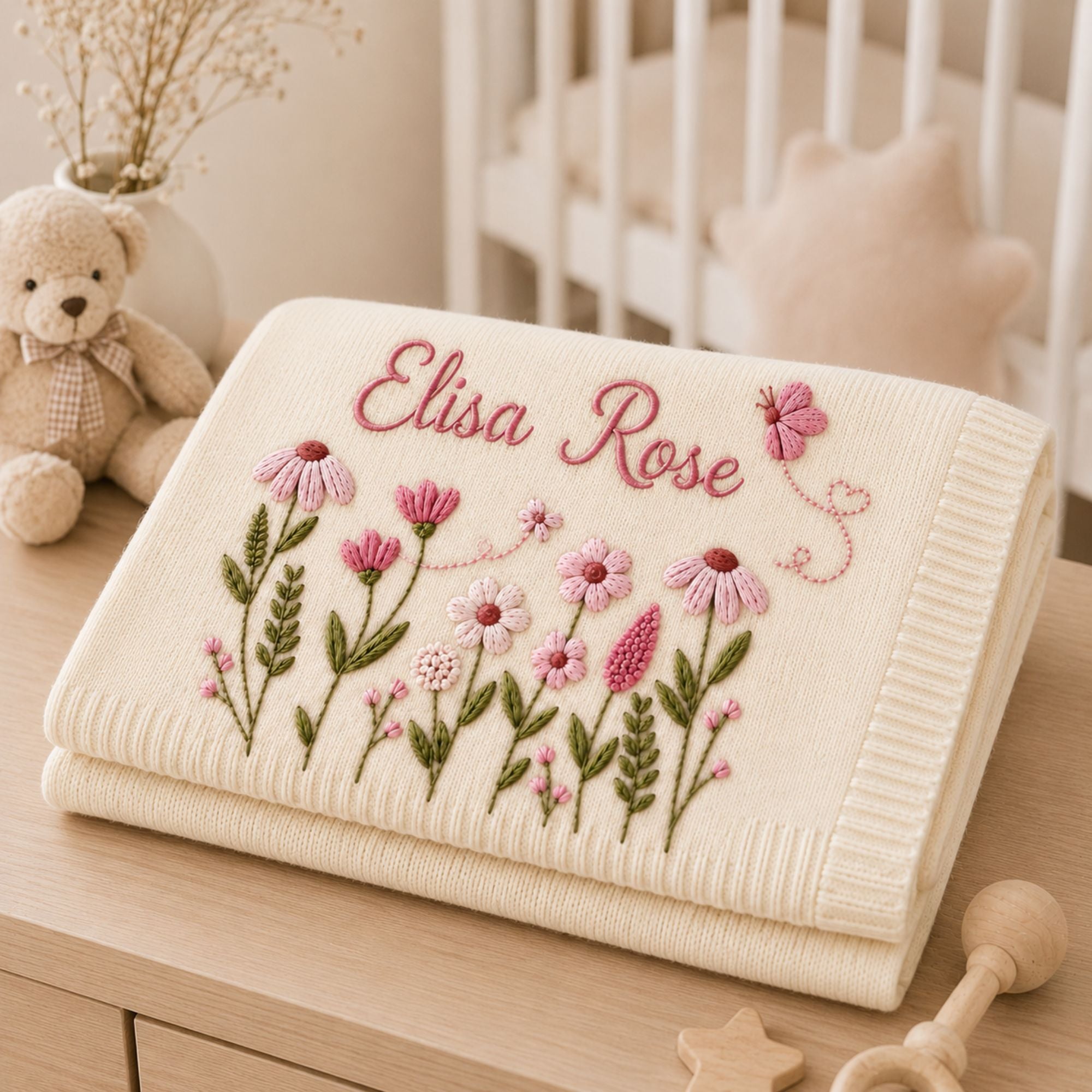 Personalized Floral Butterfly Embroidered Baby Blanket, Custom Embroidered Knit Name Blanket, Nursery Keepsake, Newborn Gift