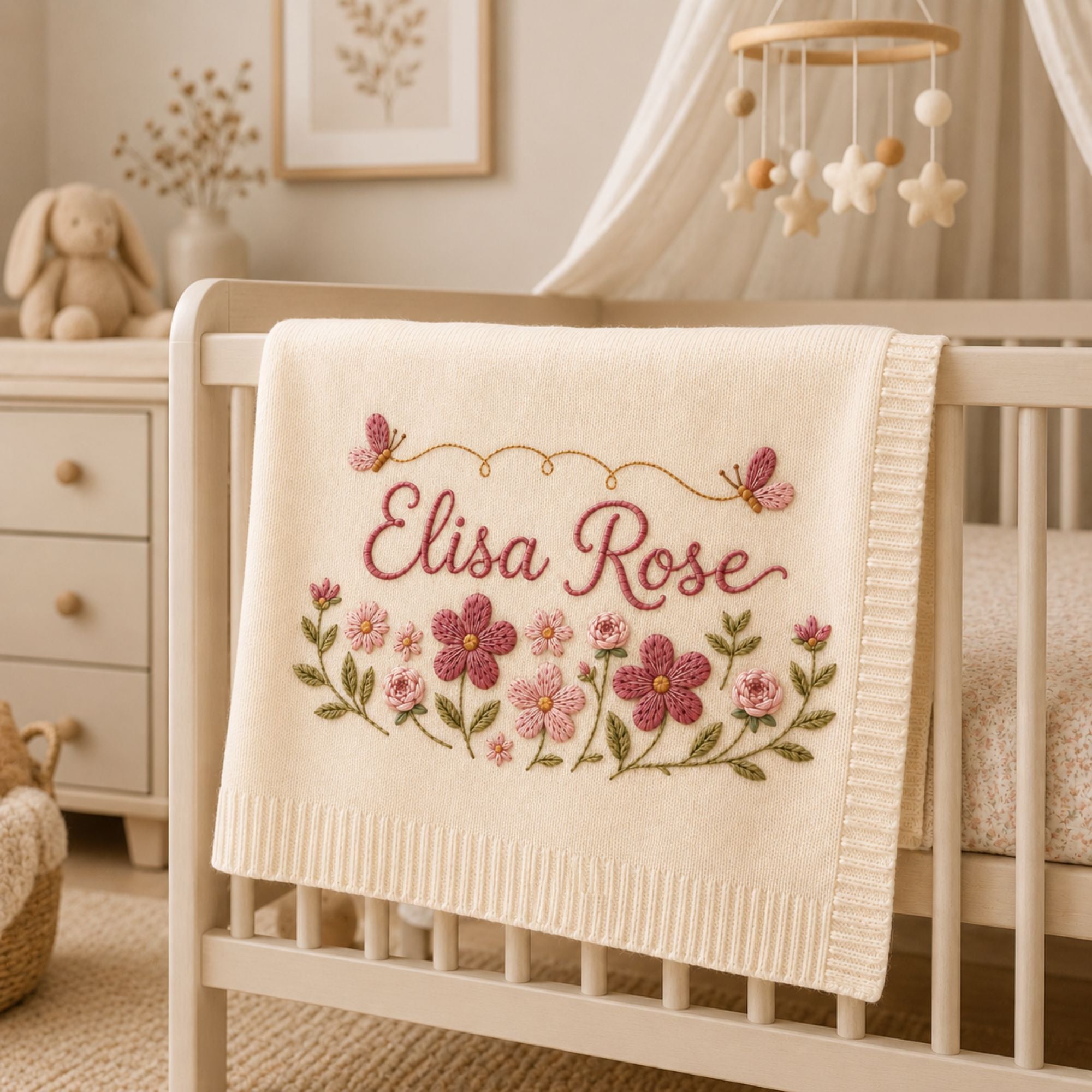 Personalized Floral Butterfly Embroidered Baby Blanket, Custom Embroidered Knit Name Blanket, Nursery Keepsake, Newborn Gift
