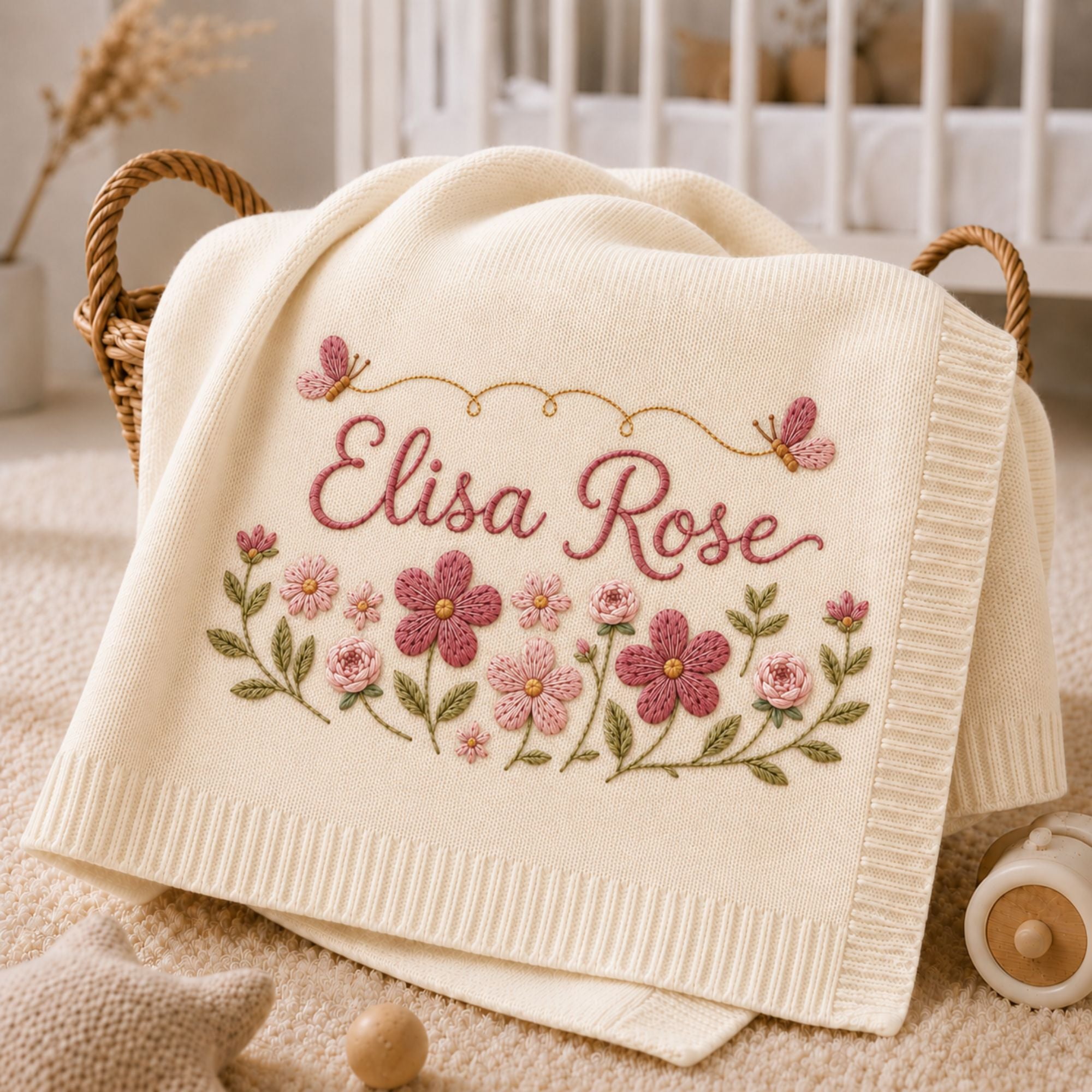 Personalized Floral Butterfly Embroidered Baby Blanket, Custom Embroidered Knit Name Blanket, Nursery Keepsake, Newborn Gift