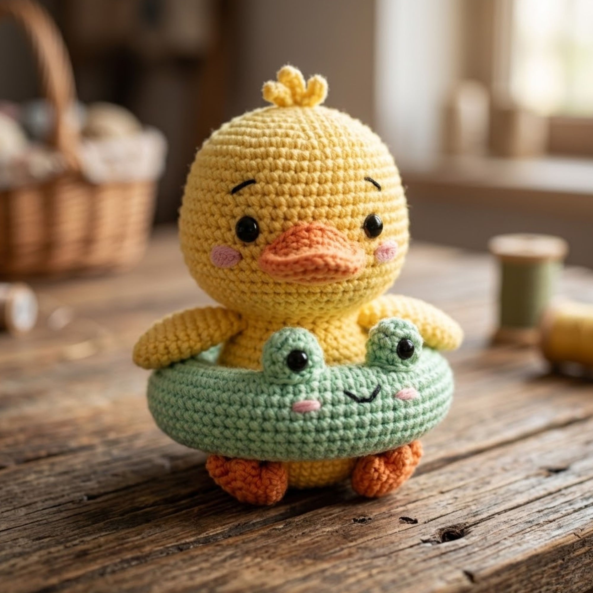 Cute Crochet Duck Plush with Frog Float, Kawaii Amigurumi Duckling Doll, Handmade Nursery Decor Gift, Summer Soft Toy Sizes 4-12in for Kids