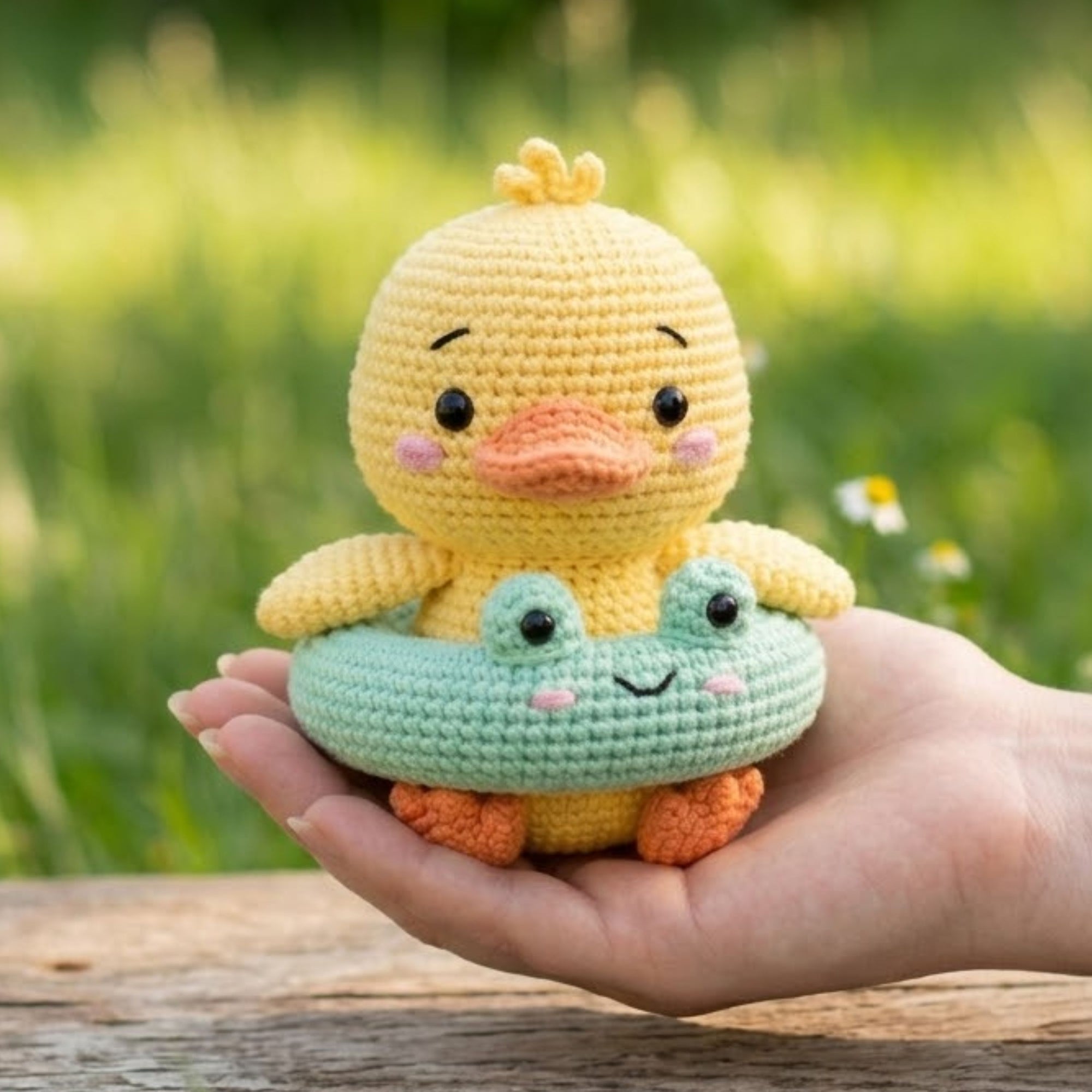 Cute Crochet Duck Plush with Frog Float, Kawaii Amigurumi Duckling Doll, Handmade Nursery Decor Gift, Summer Soft Toy Sizes 4-12in for Kids