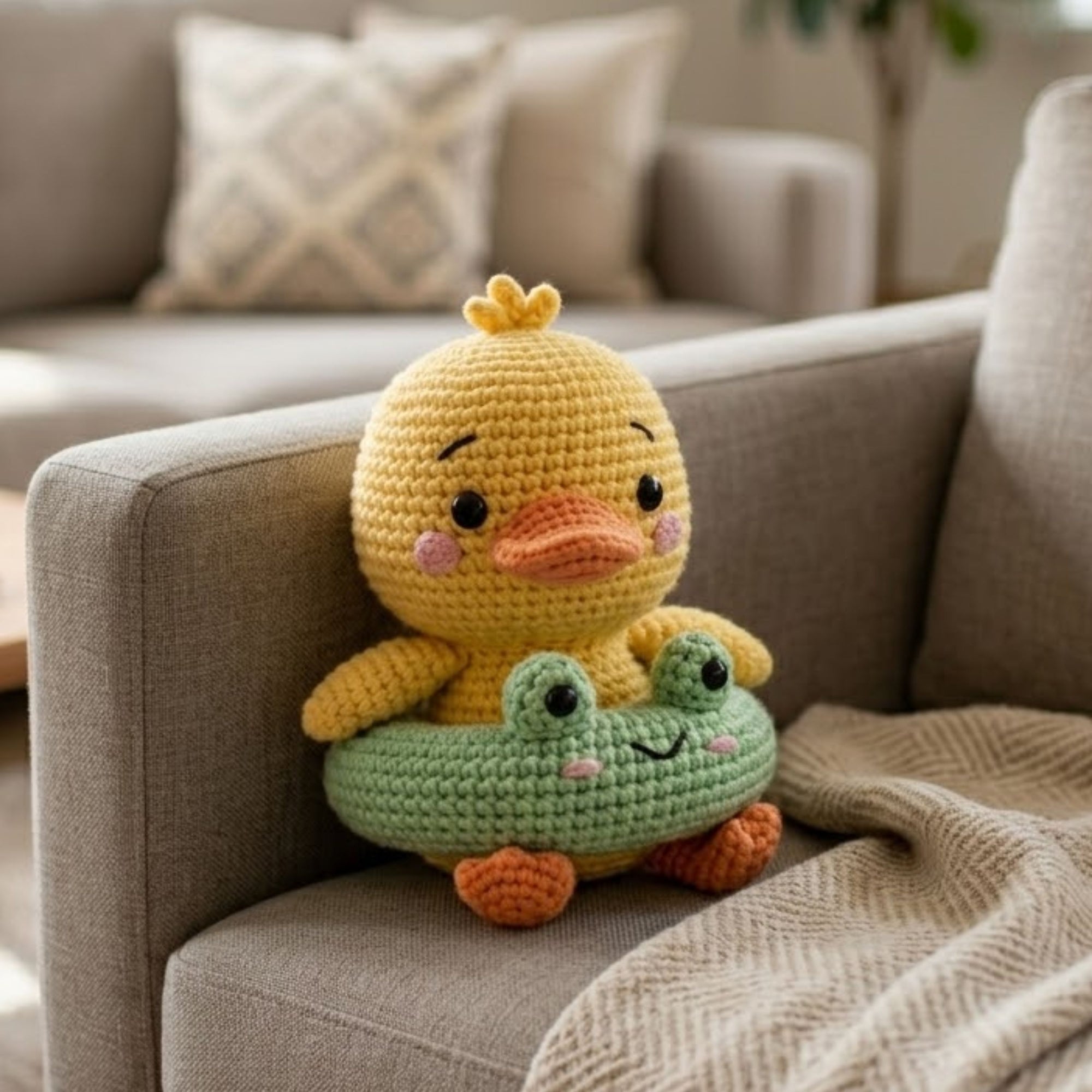 Cute Crochet Duck Plush with Frog Float, Kawaii Amigurumi Duckling Doll, Handmade Nursery Decor Gift, Summer Soft Toy Sizes 4-12in for Kids