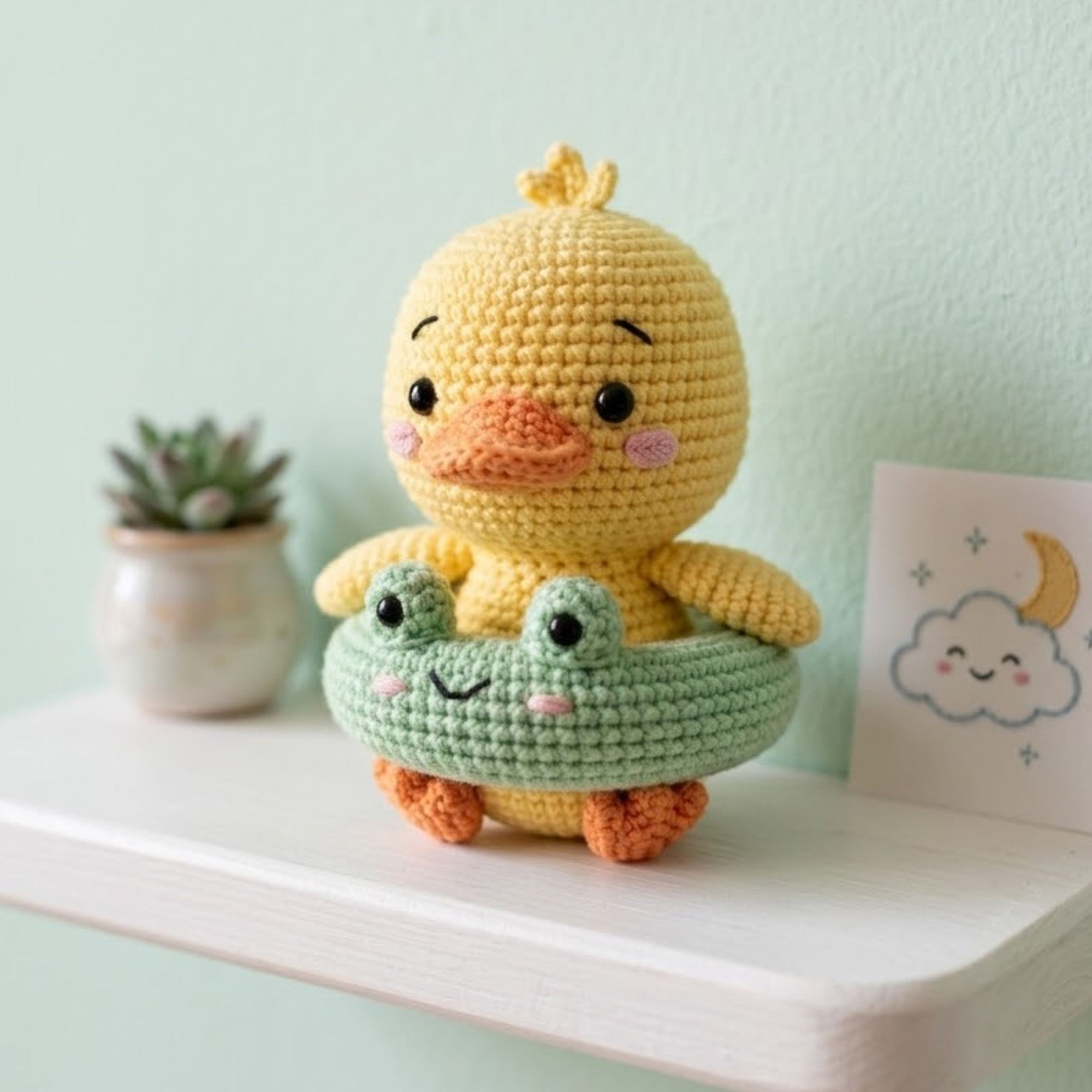 Cute Crochet Duck Plush with Frog Float, Kawaii Amigurumi Duckling Doll, Handmade Nursery Decor Gift, Summer Soft Toy Sizes 4-12in for Kids