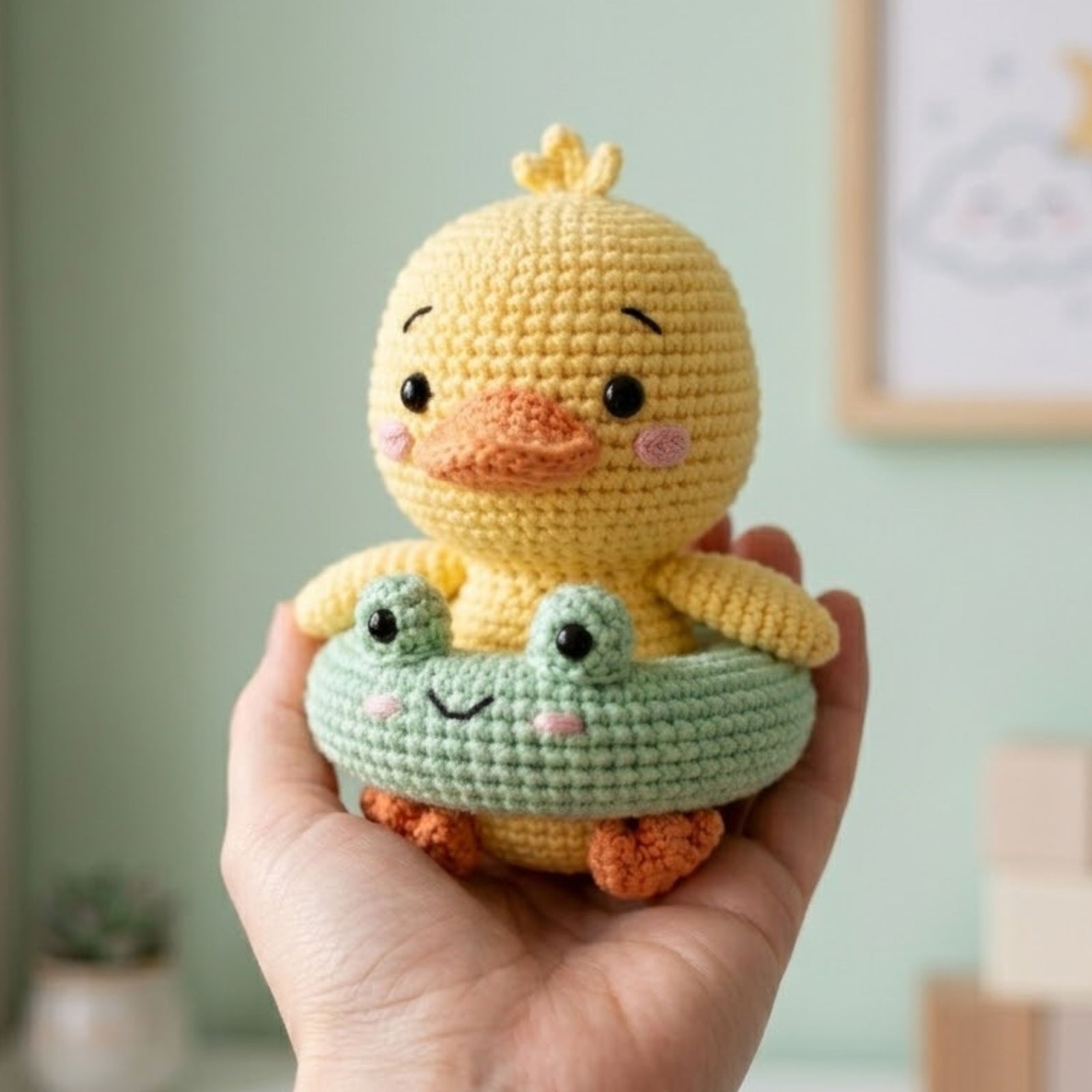 Cute Crochet Duck Plush with Frog Float, Kawaii Amigurumi Duckling Doll, Handmade Nursery Decor Gift, Summer Soft Toy Sizes 4-12in for Kids