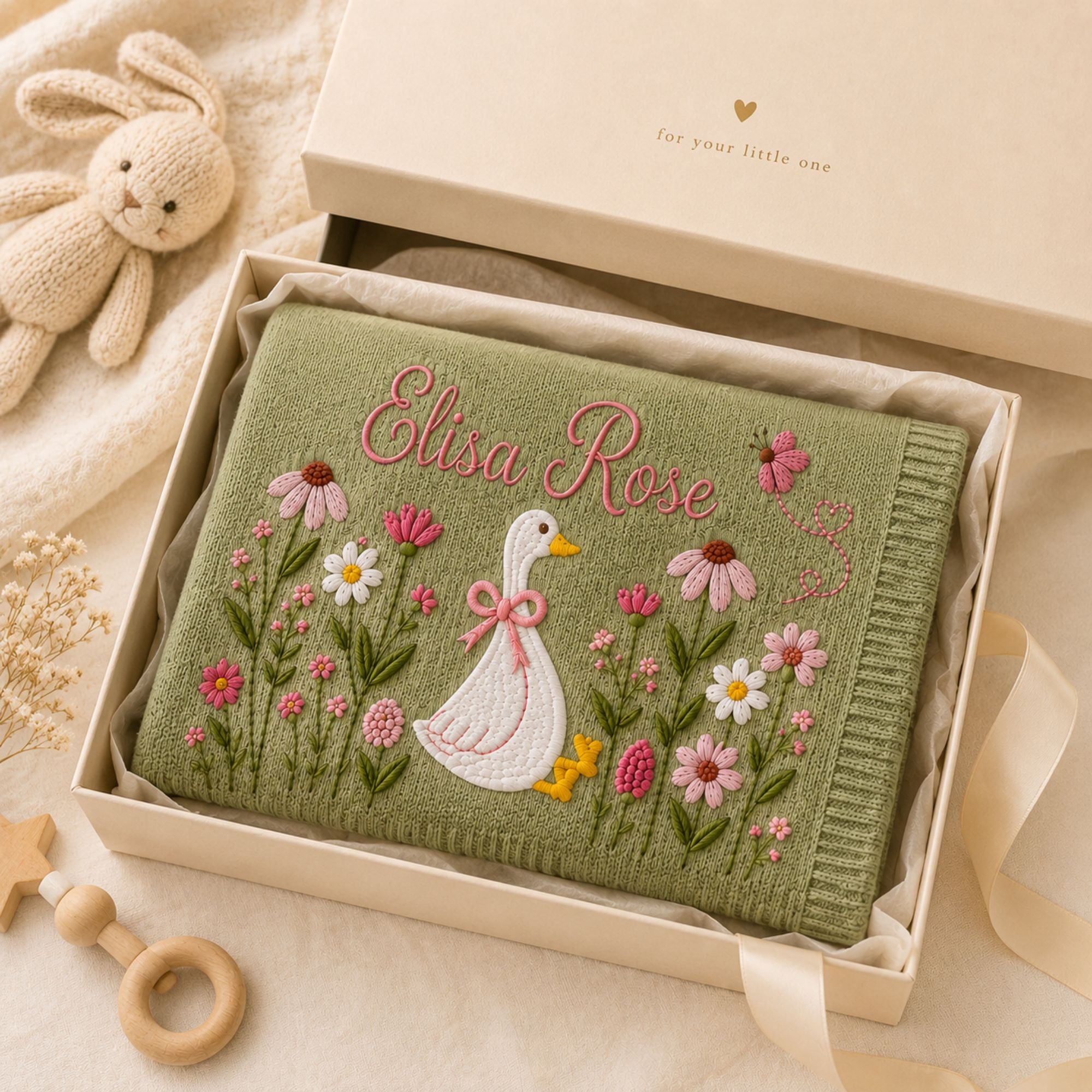 Custom Name Embroidered Goose Baby Blanket, Wildflower Knit Nursery Keepsake, Welcome Baby Blanket Nursery Keepsake, Newborn Gift