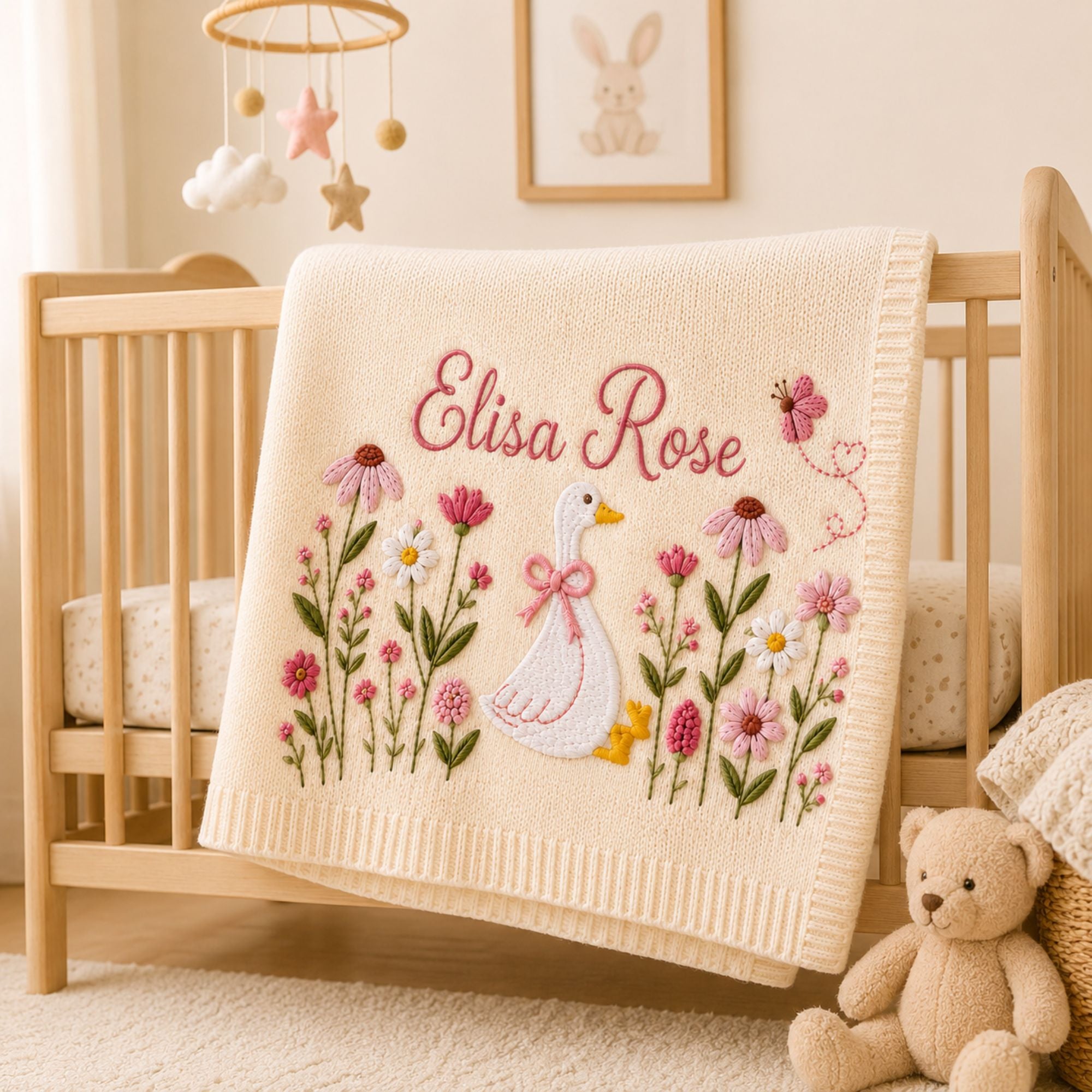 Custom Name Embroidered Goose Baby Blanket, Wildflower Knit Nursery Keepsake, Welcome Baby Blanket Nursery Keepsake, Newborn Gift