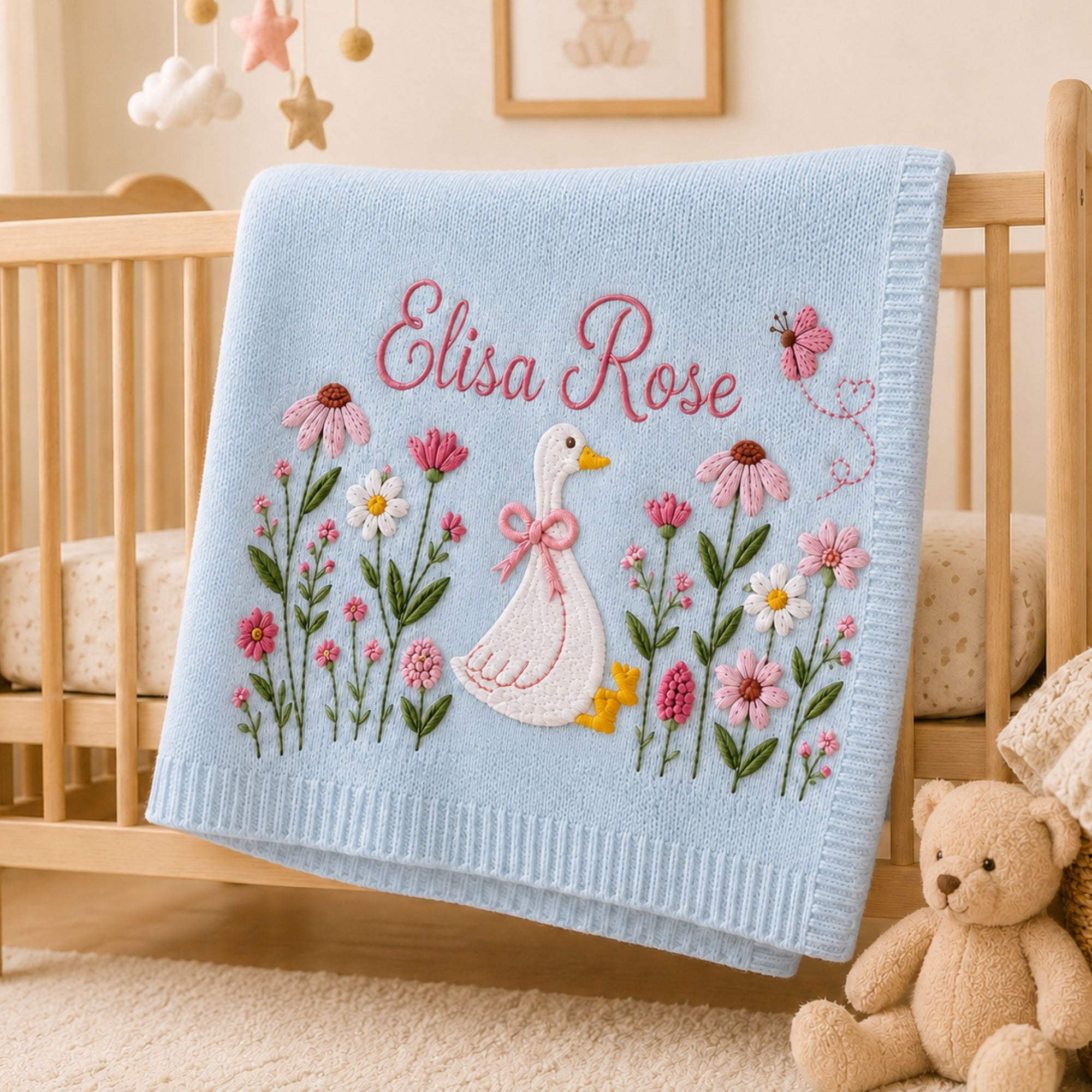 Custom Name Embroidered Goose Baby Blanket, Wildflower Knit Nursery Keepsake, Welcome Baby Blanket Nursery Keepsake, Newborn Gift