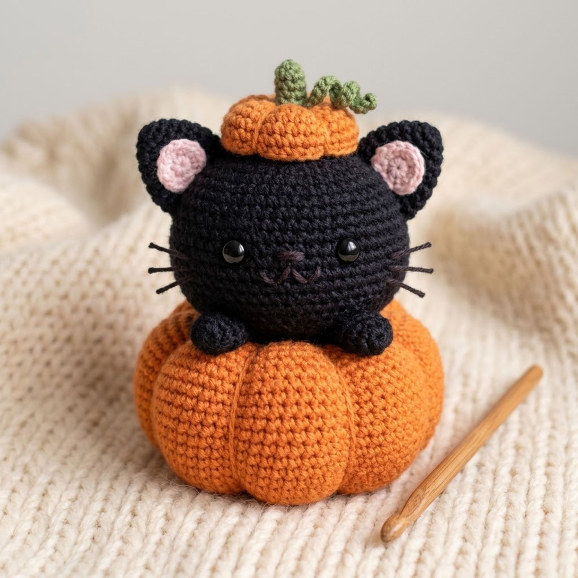 Cute Crochet Black Cat Pumpkin Plush, Kawaii Amigurumi Halloween Kitty Doll, Handmade Fall Nursery Decor Gift, Soft Stuffed Toy Sizes 4-12in