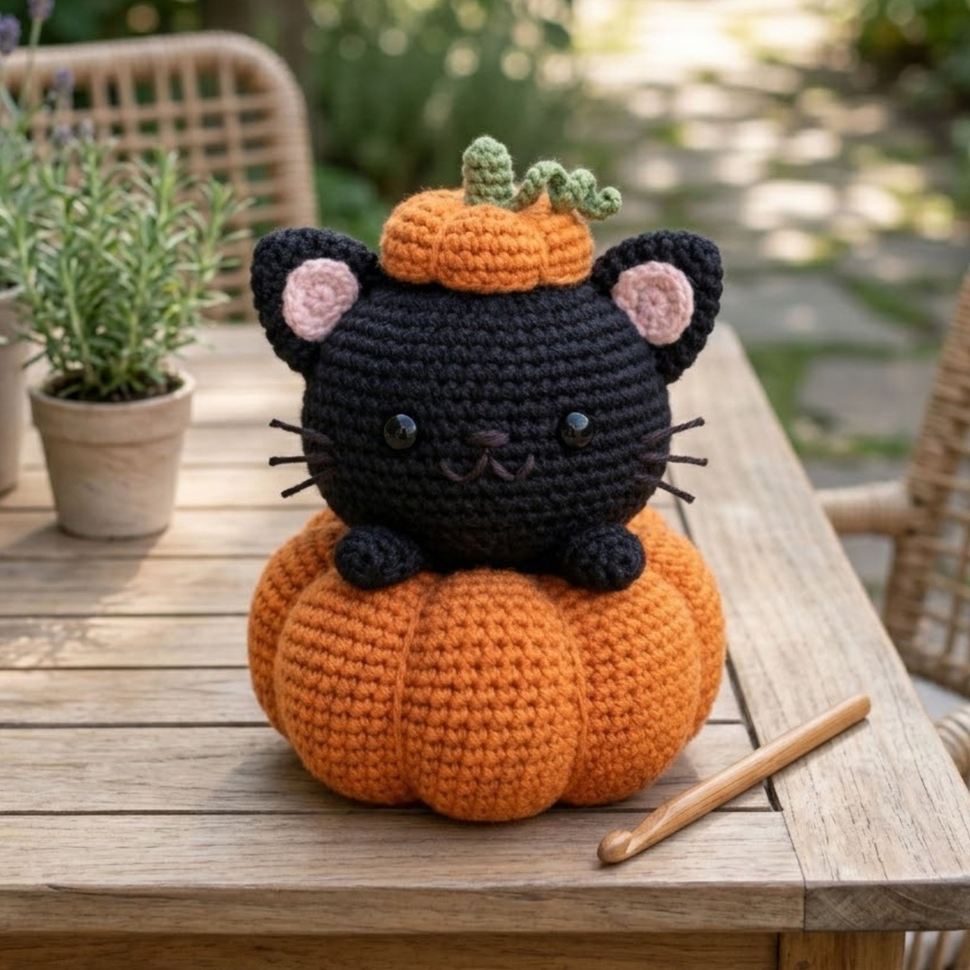 Cute Crochet Black Cat Pumpkin Plush, Kawaii Amigurumi Halloween Kitty Doll, Handmade Fall Nursery Decor Gift, Soft Stuffed Toy Sizes 4-12in